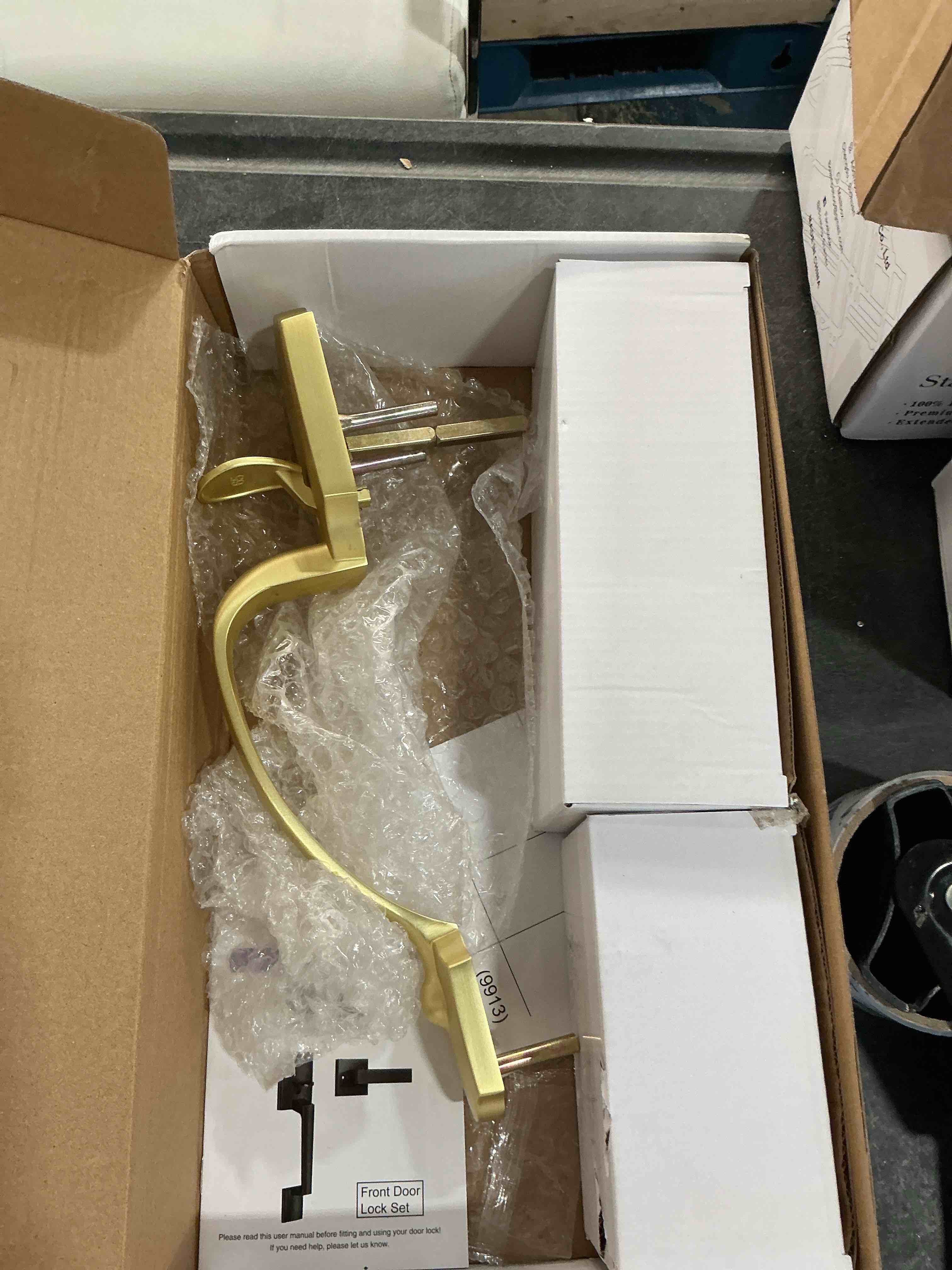 Condition photo showing Good Condition for Haidms Gold Front Door Handle, Entry Door Handleset No Lock, Exterior Door Handle with Reversible Handle Lever, Single Cylinder,Lower Half Lever for Left & Right Hand Door Wave Door Handle Gold