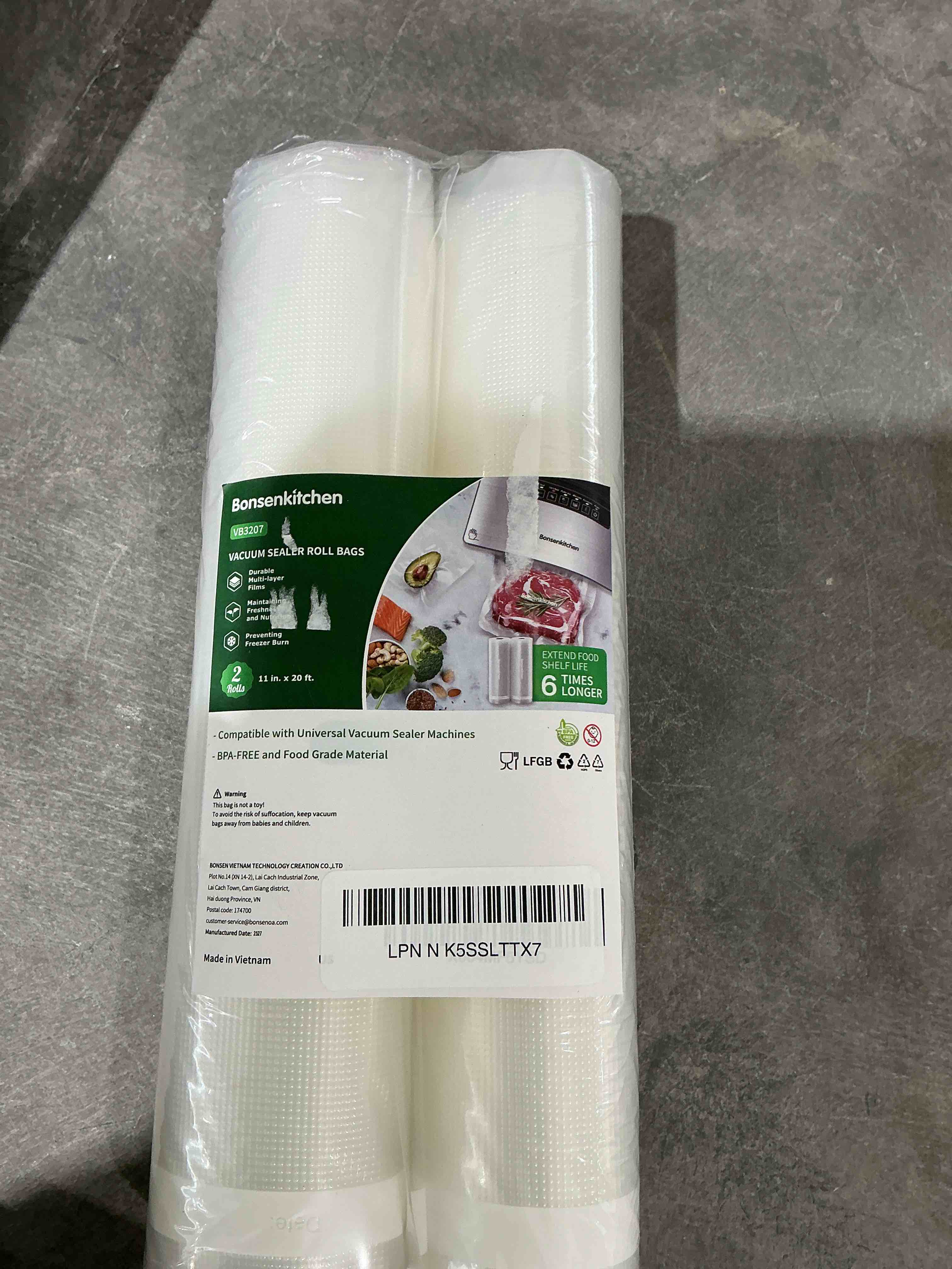 Condition photo showing Good Condition for Bonsenkitchen Vacuum Sealer Bags, 11" x 20' Rolls 2 Pack for Food Storage Saver, Bpa Free, Heavy Duty, Commercial Grade Textured Food Roll, Customized Size Bag for Sous Vide Cooking, VB3207 11 in x 20 ft (2 Packs)