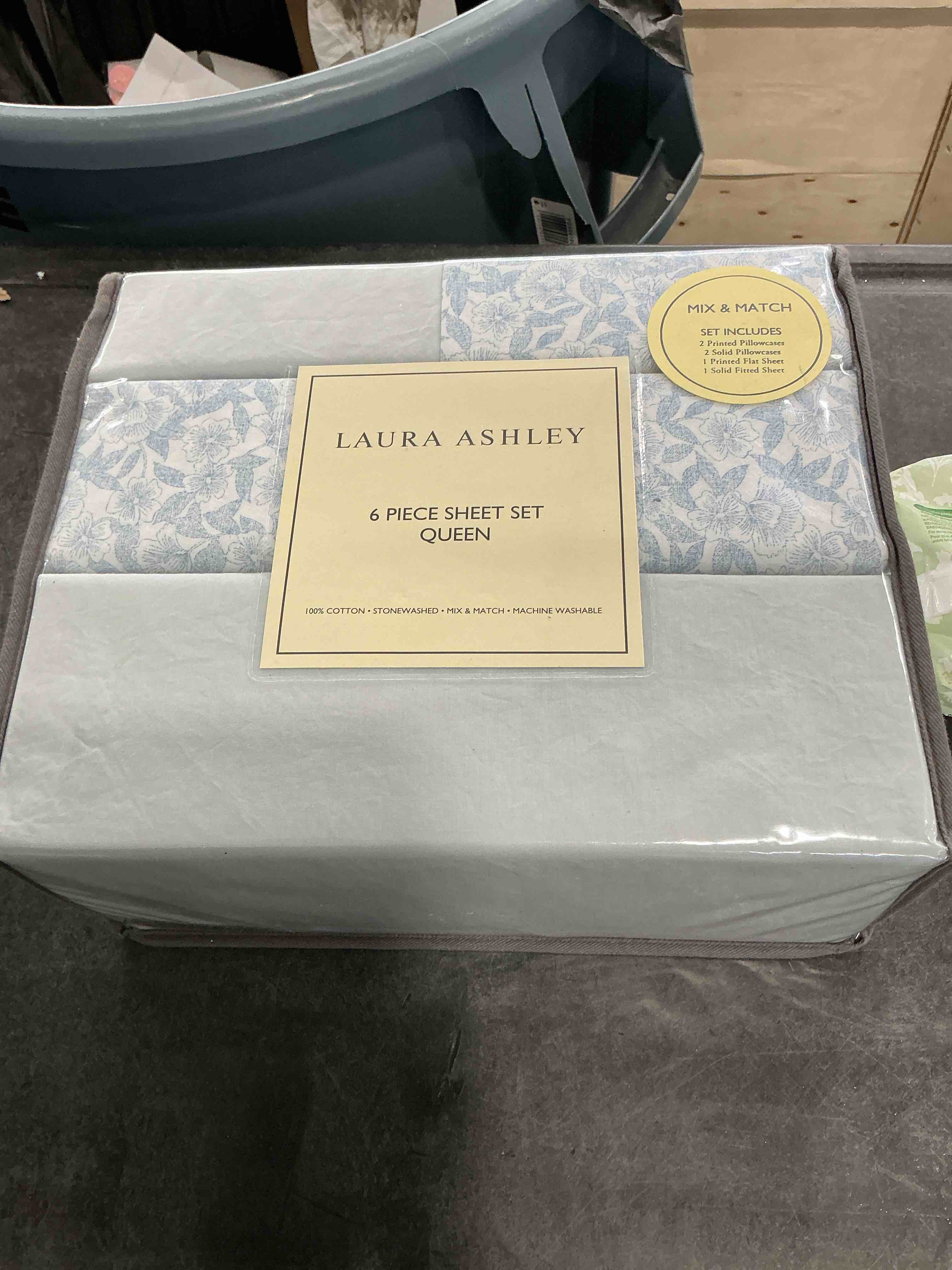 Condition photo showing New/Like New for Laura Ashley - Queen Sheets, Cotton Percale 6-Piece Bedding Set, Crisp & Cool Home Decor (Belle Blue Cashmere, Queen) Belle Blue/White Queen