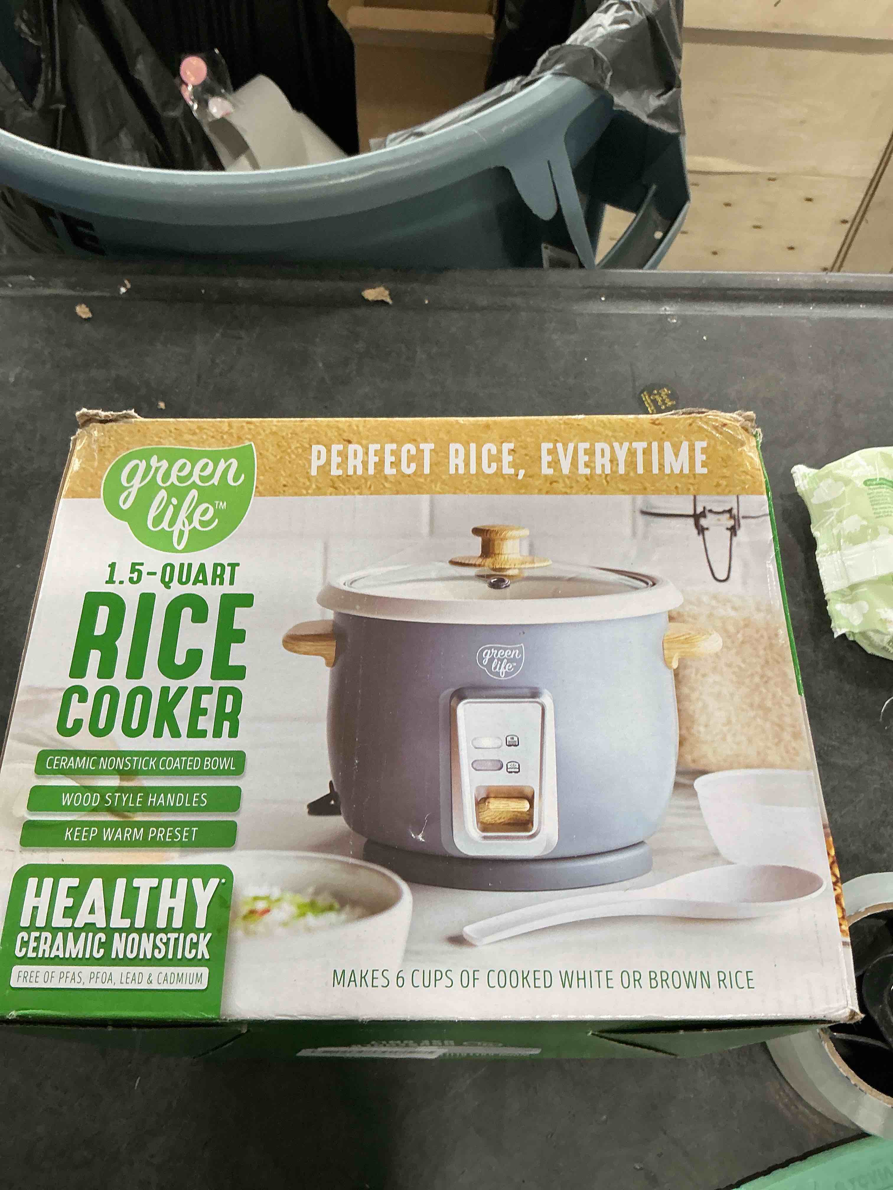 Condition photo showing Good Condition for Used /GreenLife Rice Cooker with Removable PFAS-Free Nonstick Pot, 3-Cups Uncooked/6-Cups Cooked, One-Switch Design, Auto Keep Warm Function, Soup, Grains, Oatmeal, Wood Handle, Gray Grey