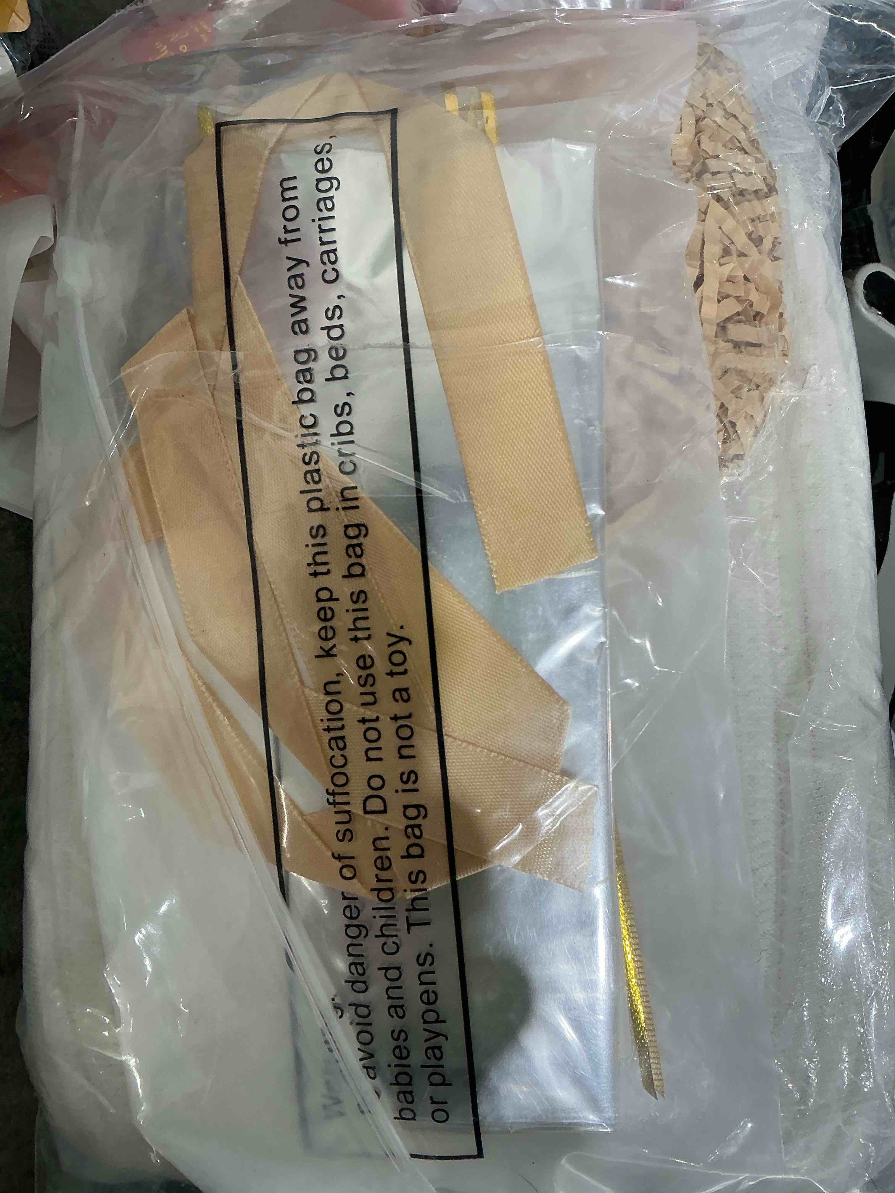 Condition photo showing Good Condition for Christmas Woven Basket with Gift Bags and 2 Ribbons, Raffia Grass Paper Shred Filler, Gift Card, Empty Small Rope Basket for Storage Presents Toy Organizer(White,12 * 8 Inch) White 12*8 Inch