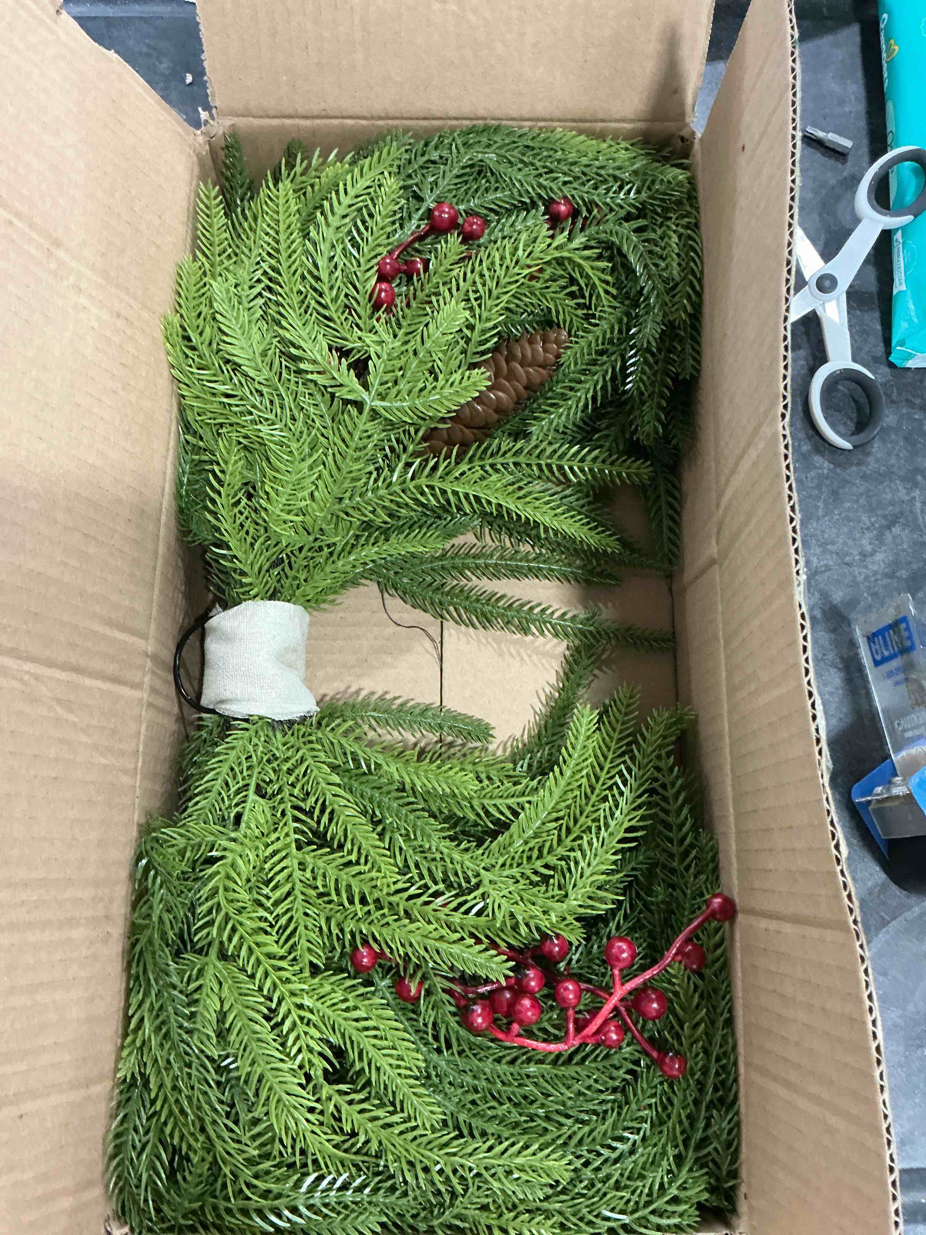 Condition photo showing Good Condition for Artificial Christmas Swags with Norfolk Pine, Red Berries and Pinecones, 24" Christmas Thanksgiving Decorations for Front Door, Mantel, Staircase, Window, Xmas Décor