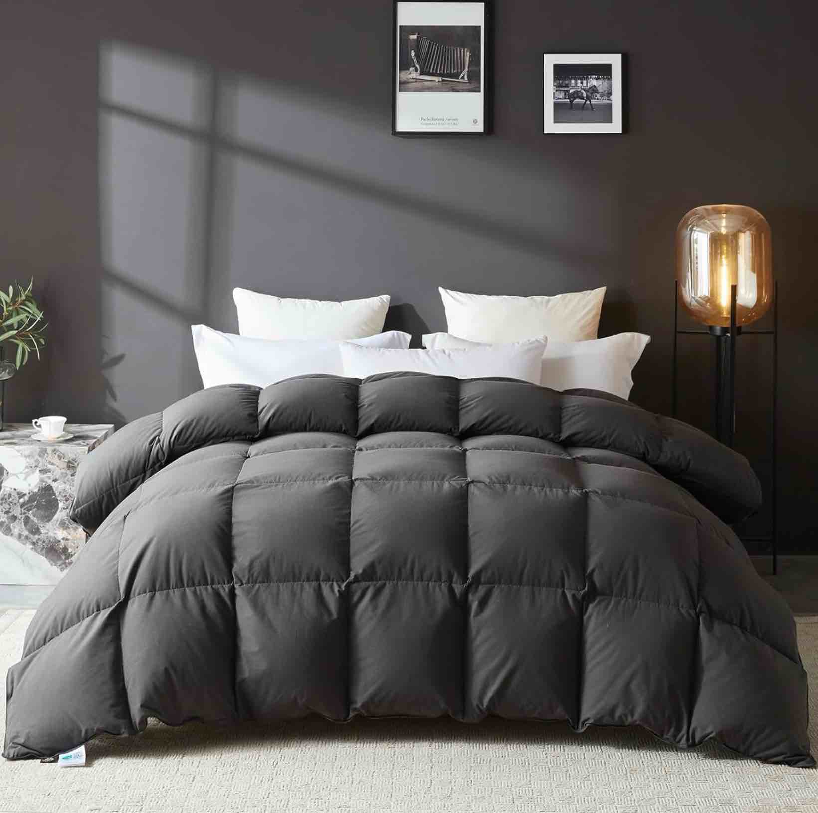 LOVSOUL Goose Feather Down Fiber Comforter Queen Size, 100% Organic Cotton Fabric Duvet Insert,1200TC,750+Fill Power, Hotel Collection, All Season Grey Bedding Comforter