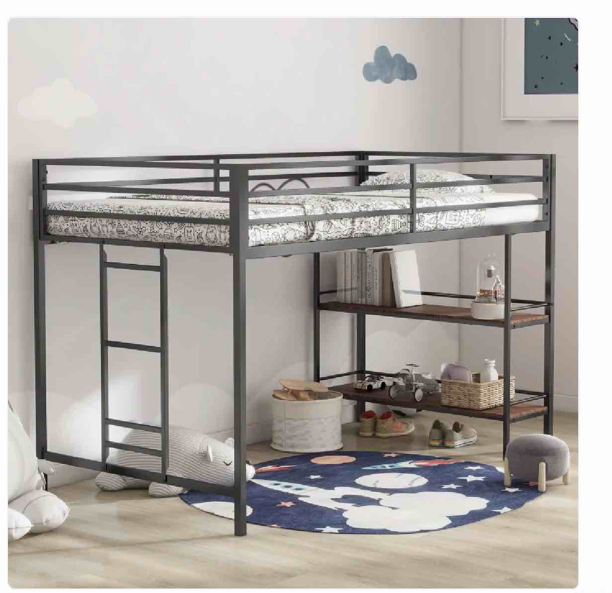 Junior Twin Loft Metal Bunk Bed Frame with Cinnamon Wood Shelf, Full-Length Guardrails, Anti-Noise Design, Easy Assembly, 76.69? L x 40.94? W x 49.49? H, box1/2 incomplete
