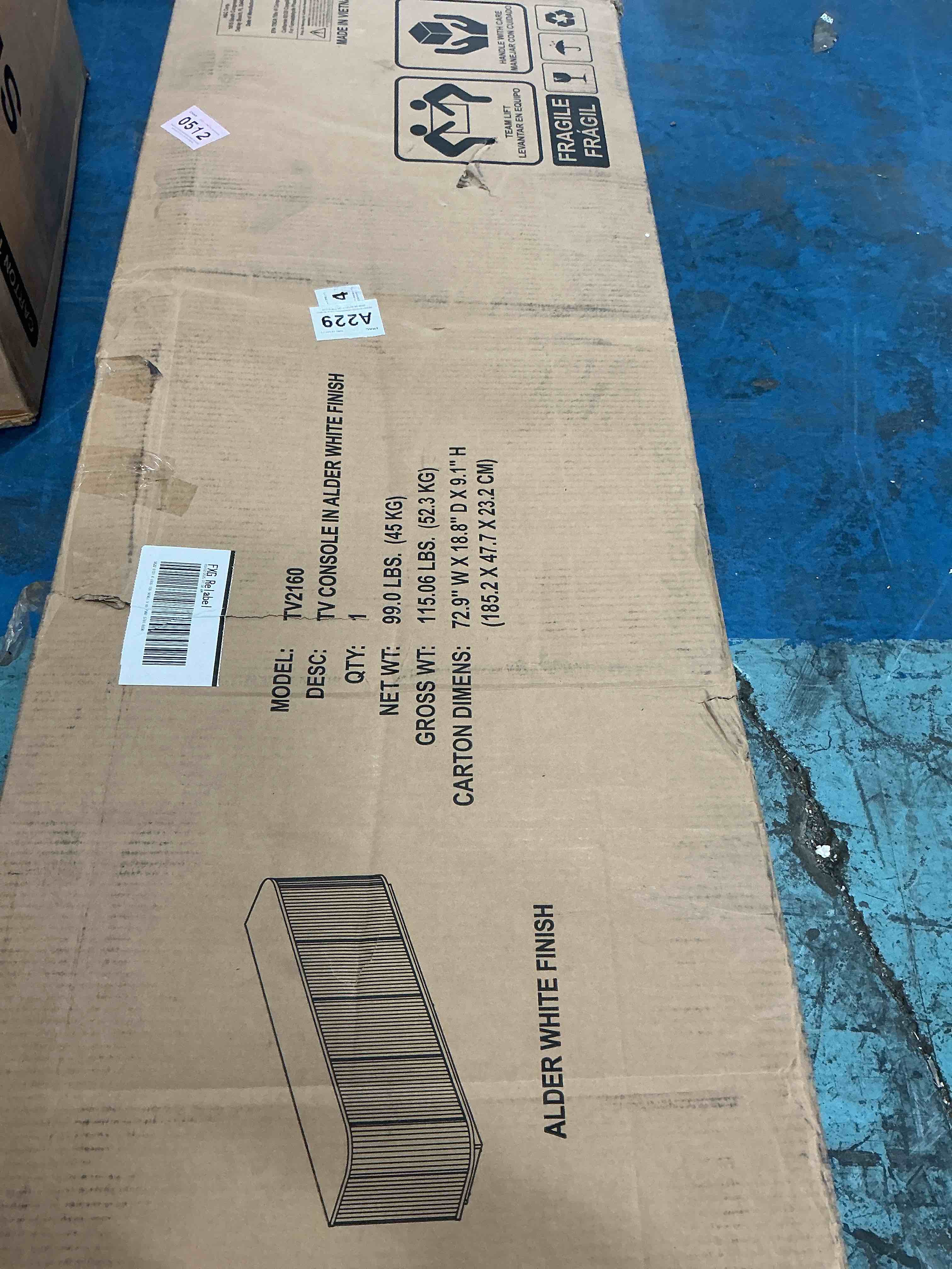 Condition photo showing New/Like New for henn&hart fluted tv stand for tvs up to 85" with 2 concealed ribbed storage cabinets and adjustable shelves for living room, family room, or office, beech white