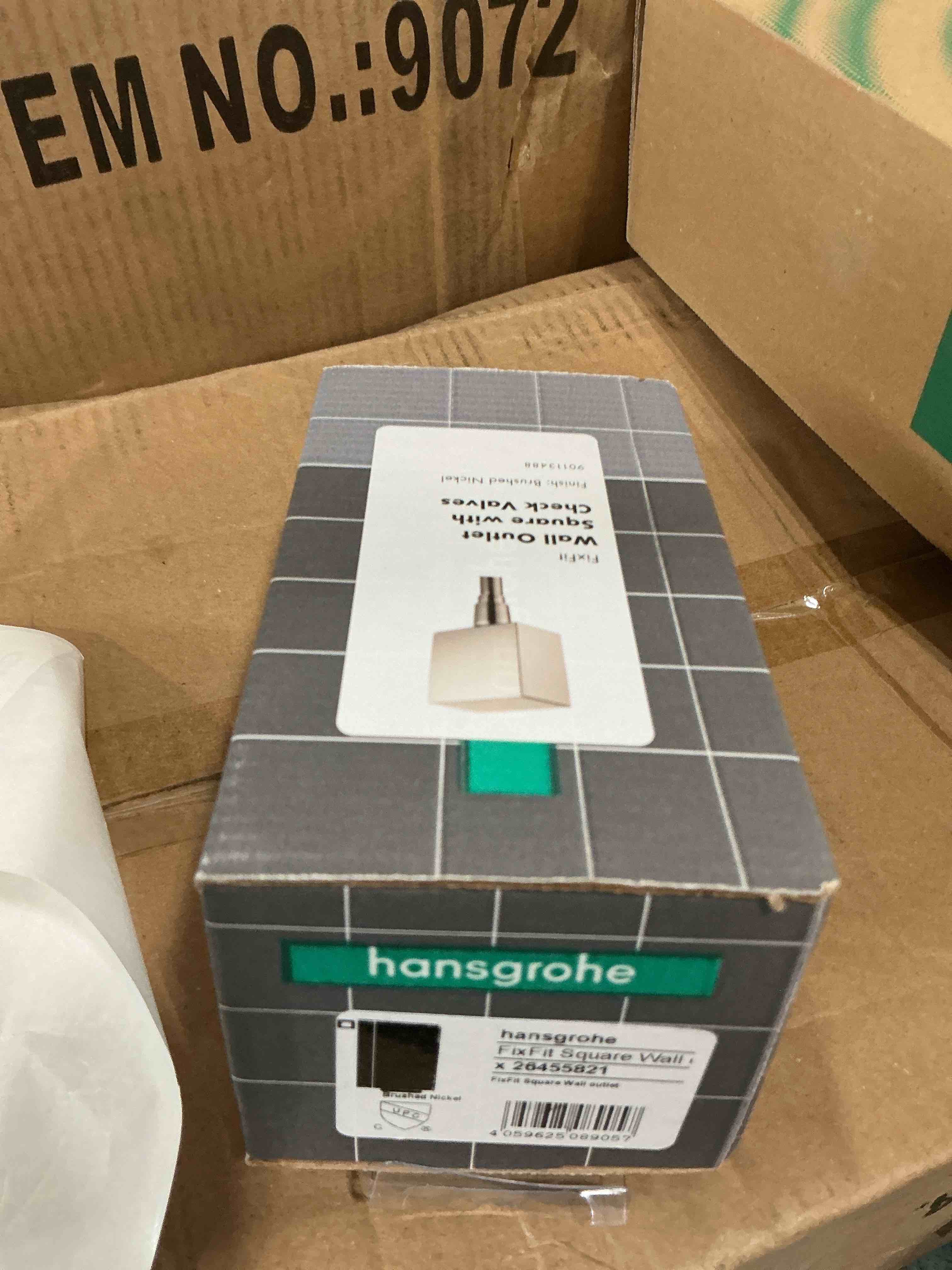 Condition photo showing New/Like New for hansgrohe fixfit handheld shower wall outlet 1/2-inch thread connection square modern flush mount in brushed nickel, 26455821