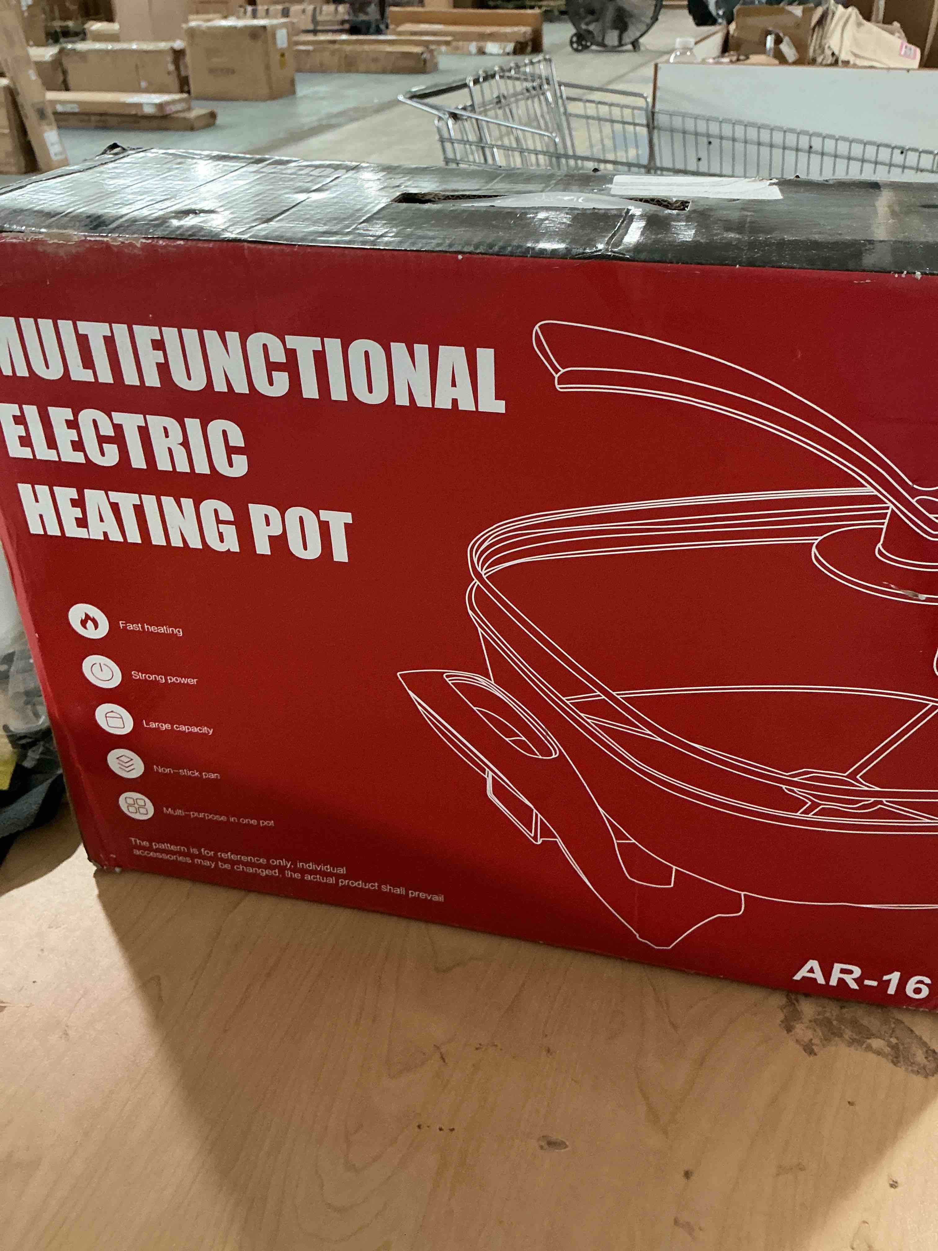 Condition photo showing New/Like New for aoran 6l electric hot pot, non-stick smokeless cooking pot with divider for hot pot, fondue, shabu shabu, multi-function, includes ladle, tongs, oil brush, food tongs, easy to clean black