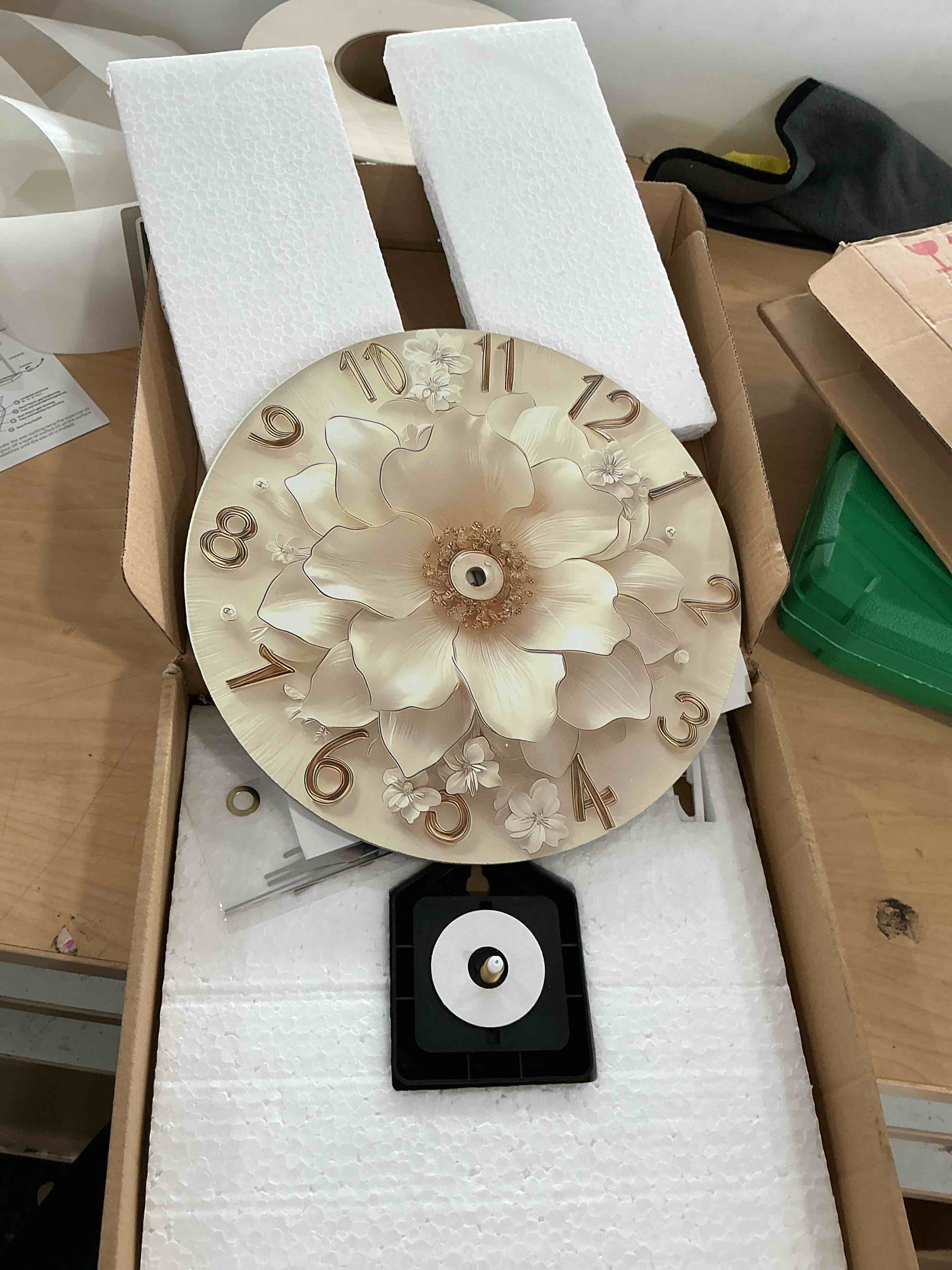 Condition photo showing New/Like New for 12 inch white floral glass wall clock silent non ticking decor | silent tempered glass clock keeps perfect time, elevating your home or office decor with durable and elegant wall art.