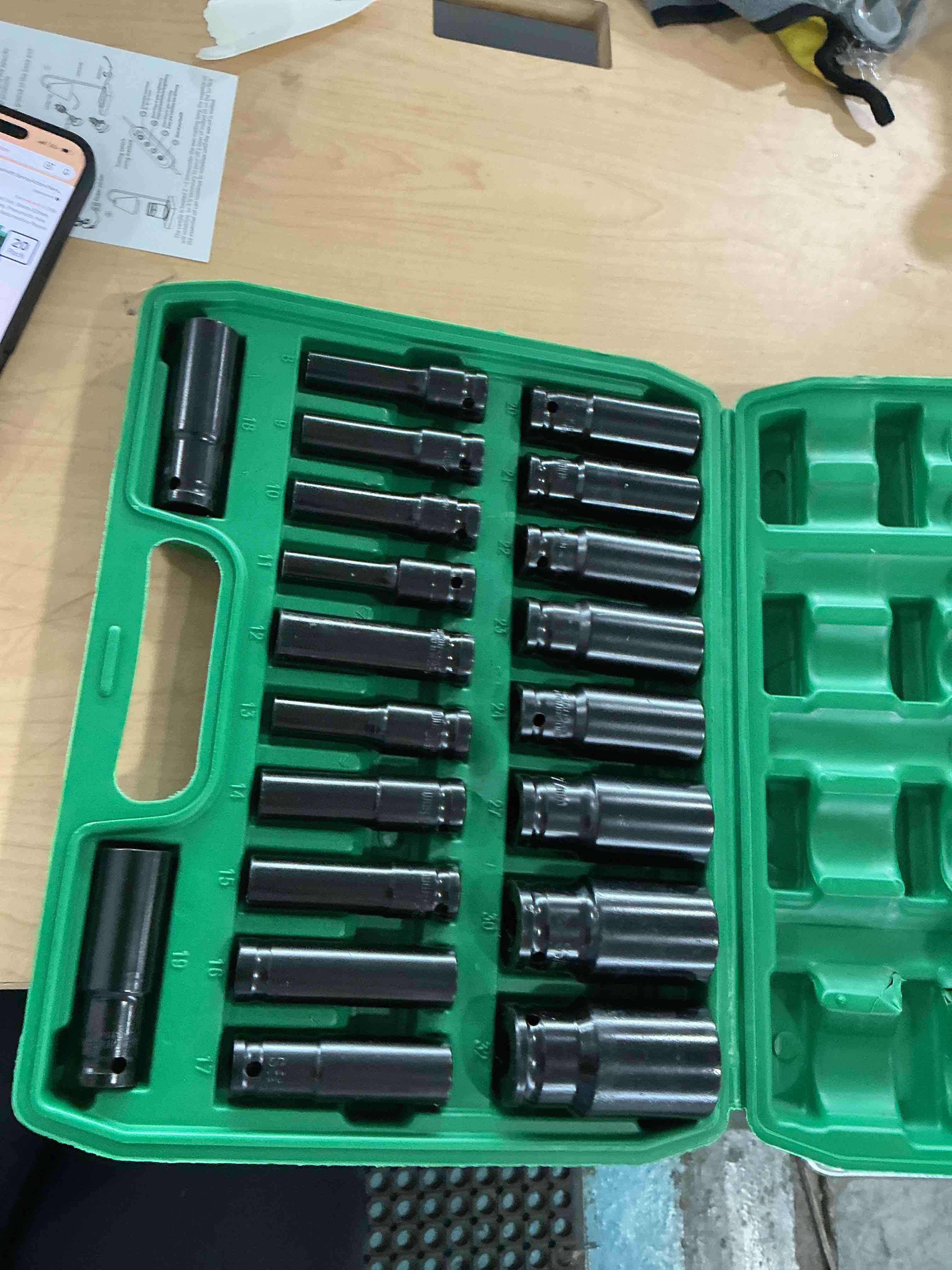 Condition photo showing New/Like New for 20 pcs 1/2" drive metric deep-impact socket set, 8mm-32mm, extended hex socket set for electric wrenches, pneumatic hex sockets, suitable for electric wrench sockets, automotive repair and nut tools