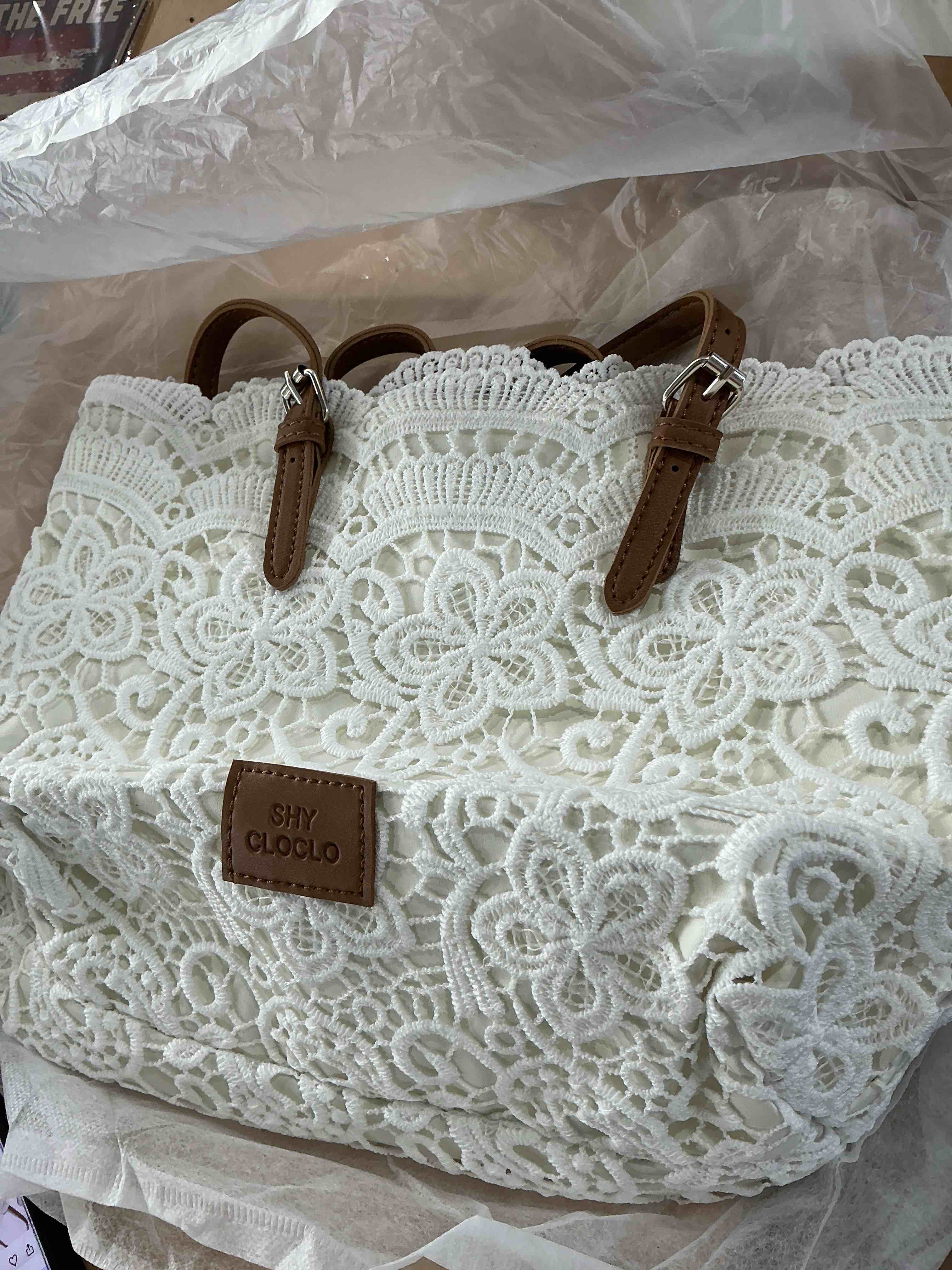 Condition photo showing New/Like New for vintage lace shoulder bag for commute travel, aesthetic elegant lace tote bag for women, roomy purse with leather straps