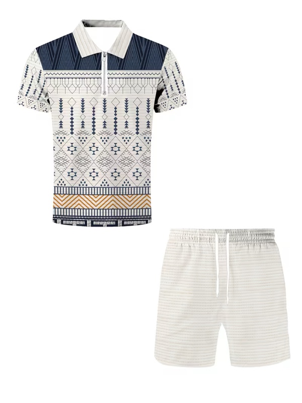 Condition photo showing New/Like New for men's pattern 2pcs set collared polo shirt and shorts outfit casual short sleeve collared shirt and loose drawstring shorts set men's clothing