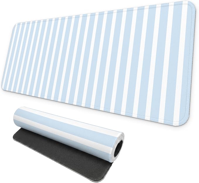 Condition photo showing New/Like New for may flower large aesthetic mouse pad, full kawaii keyboard mat with cozy striped pattern, cute computer mouse mat, anti-slip rubber base, 31.5 x 11.8 inches (light blue)