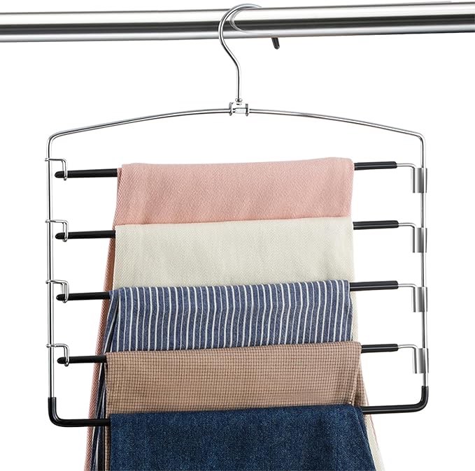 Condition photo showing New/Like New for feerahozer pants hangers non slip 3 pack space saving hangers multi-layer swing arm pants hanger stainless steel space saver hanger closet storage organizer for jeans trouser slacks clothes (black)