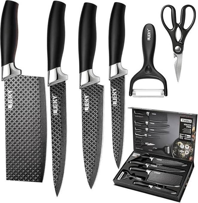 Condition photo showing New/Like New for knife set, 6 pieces kitchen knife set with healthy anti-rust coating, stainless steel professional chef knife sets with elegant box, kitchen knives with scissors & peeler for cooking, dishwasher safe