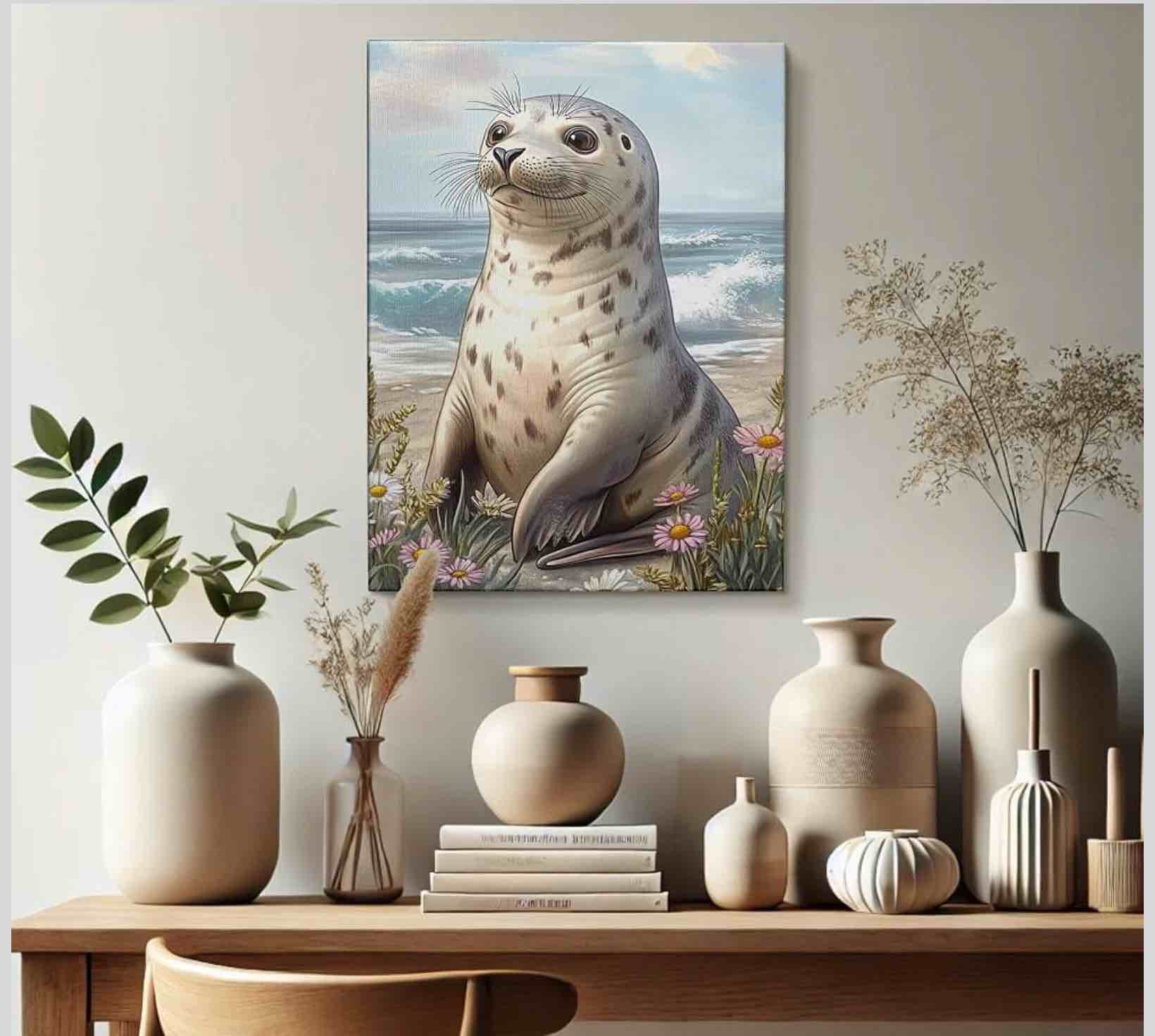 Condition photo showing New/Like New for cute seal canvas wall art, brown gray seal illustration, animal wall art home aesthetic decor for living room, bedroom, beach house, unframed 8x12 inch