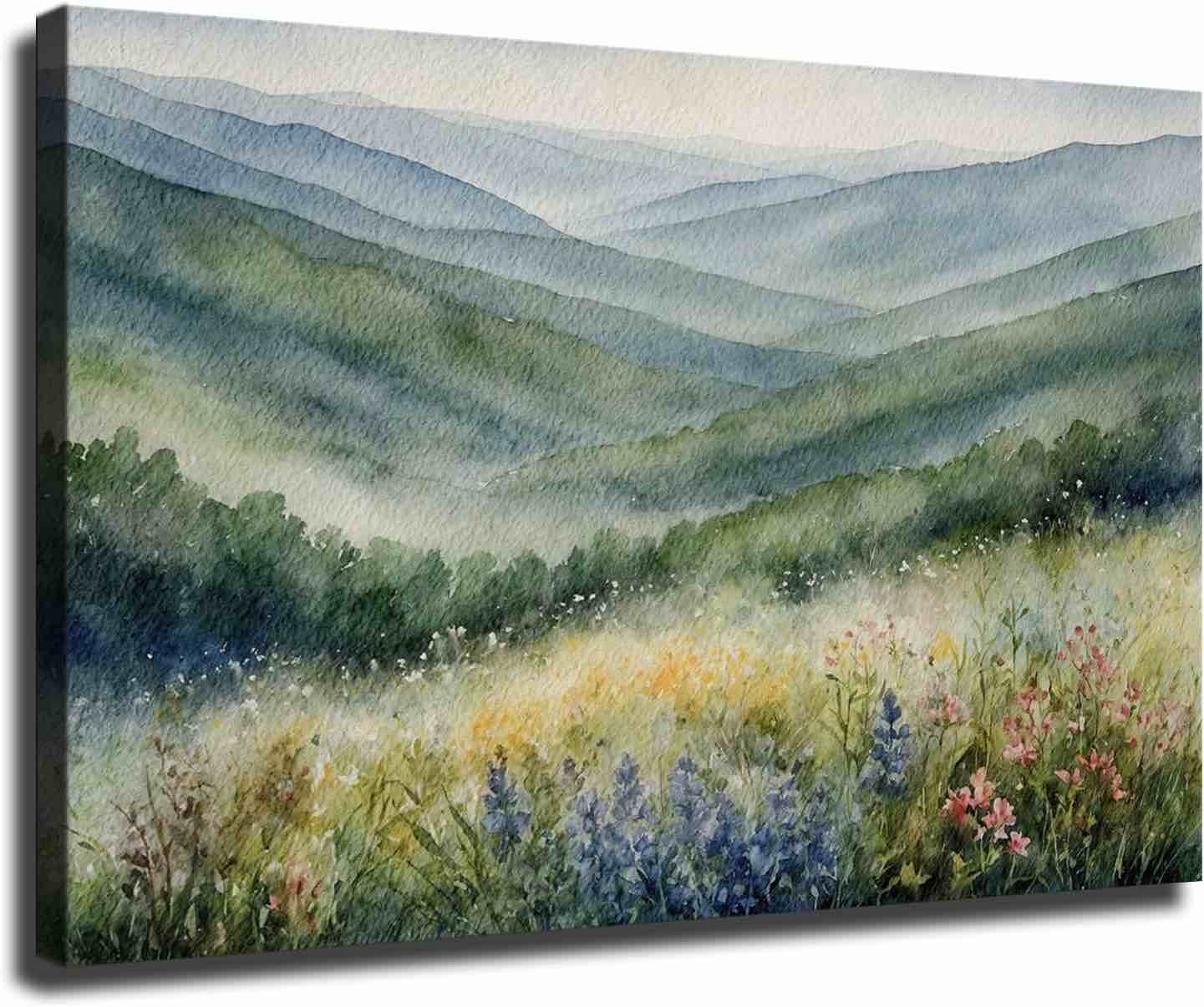 Condition photo showing New/Like New for blue ridge mountains watercolor print wall art, north carolina landscape wildflowers poster, appalachian highlands artwork nature framed poster for living room bedroom (framed,12×18 inch)
