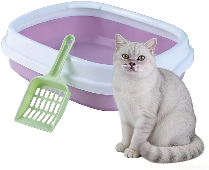 Condition photo showing New/Like New for open cat litter box with sifting scoop - anti-splashing odorless easy-to-clean litter pan for kittens & cats(blue,l)