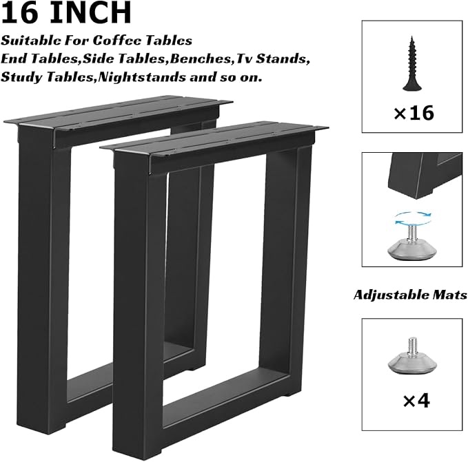Condition photo showing New/Like New for rioychan 16 inch metal bench coffee table legs, heavy duty desk/chair legs,black metal end furniture legs with adjustable protector feet (h16” x w11.8”, set of 2)