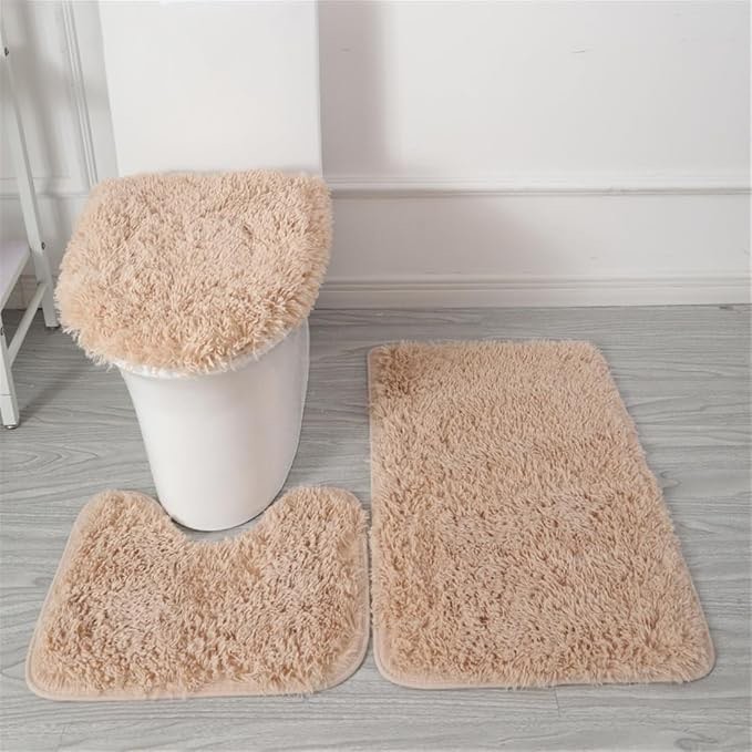 Condition photo showing New/Like New for ueauy bathroom rugs sets 3 piece thick fluffy soft bathroom rugs and u-shaped toilet mat washable absorbent floor mat light brown