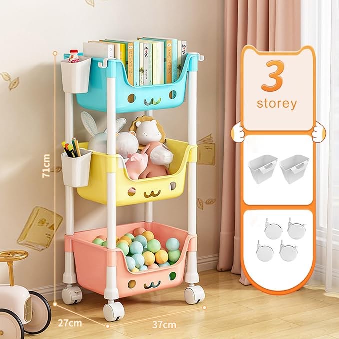 meideli 3/4-tier rolling cart, cute plastic multifunctional storage organizer with 360-degree wheels, sturdy movable kids toy storage trolley for kitchen, living room, office, bedroom (3-tier)
