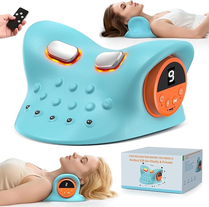 Condition photo showing New/Like New for smedz neck massager 2026, 4-in-1 neck & shoulder massager with multi-directional stretch, heating & vibration, 360° remote control–ergonomic for home, office, car travel??sky blue??