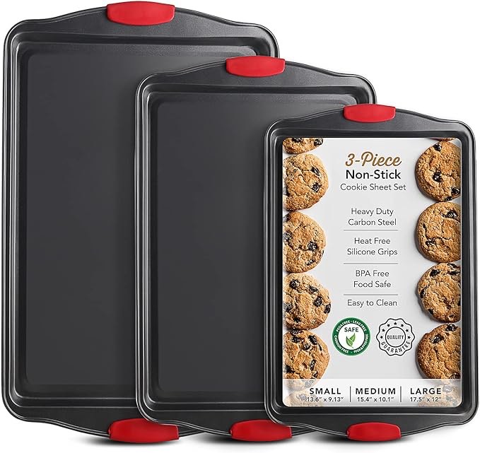 Condition photo showing New/Like New for eatex nonstick baking sheet set, 3-piece baking pans set with silicone handles, carbon steel cookie sheets for baking, commercial grade quality oven tray, quarter/jelly roll/half sheet pans for baking