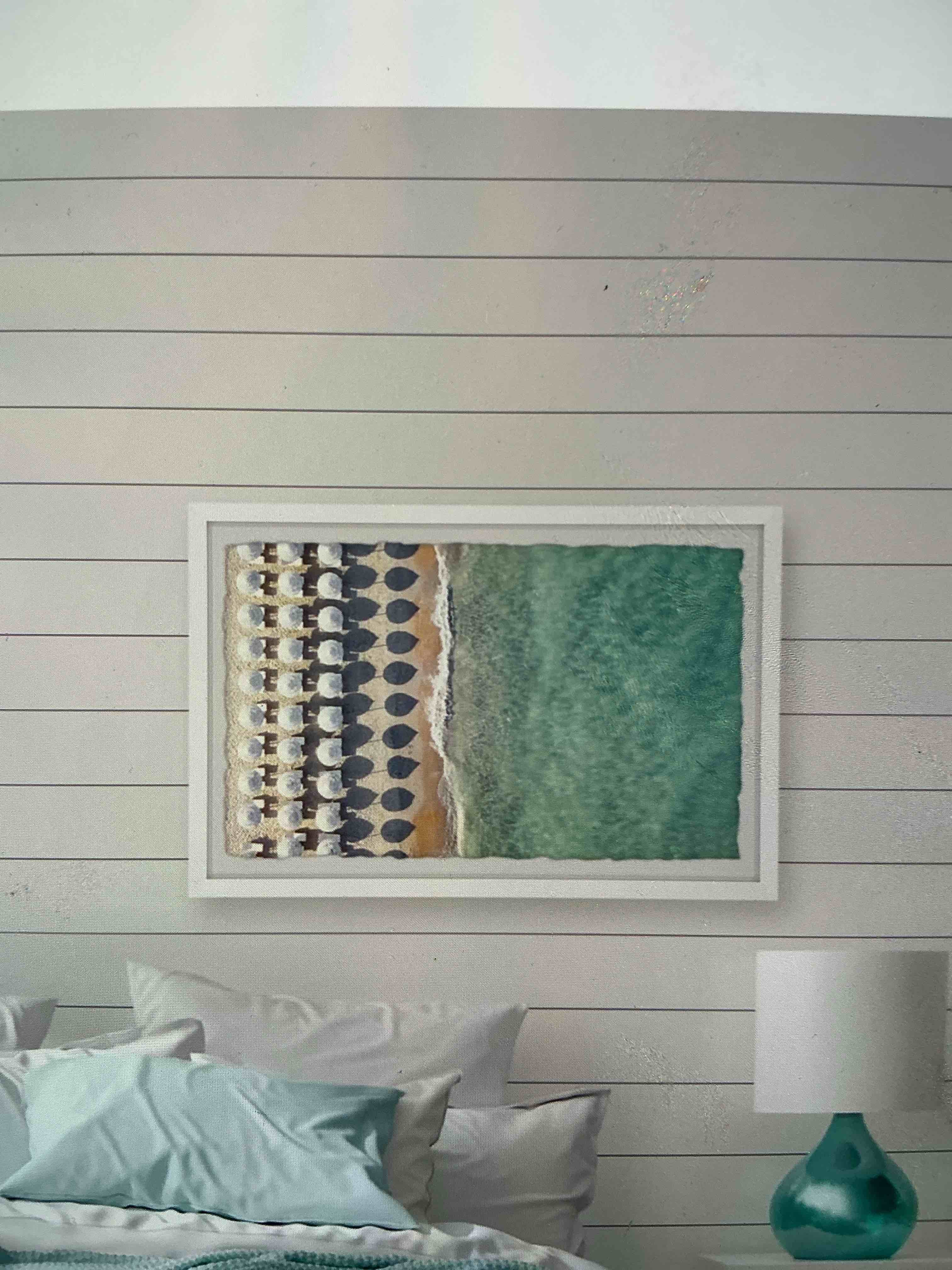 Condition photo showing New/Like New for vintage beach, umbrella, wall, art framed canvas, print coastal home decor living room wall hanging 24 x 16 x 1.26