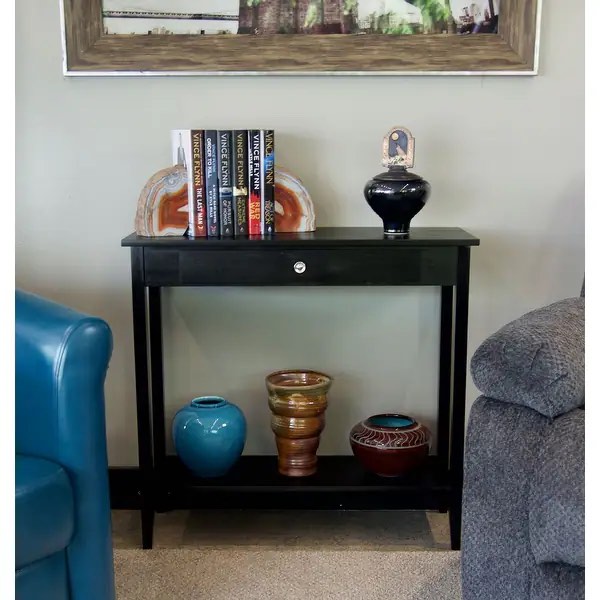 Condition photo showing New/Like New for solid acacia wood 1-drawer console table with bottom shelf