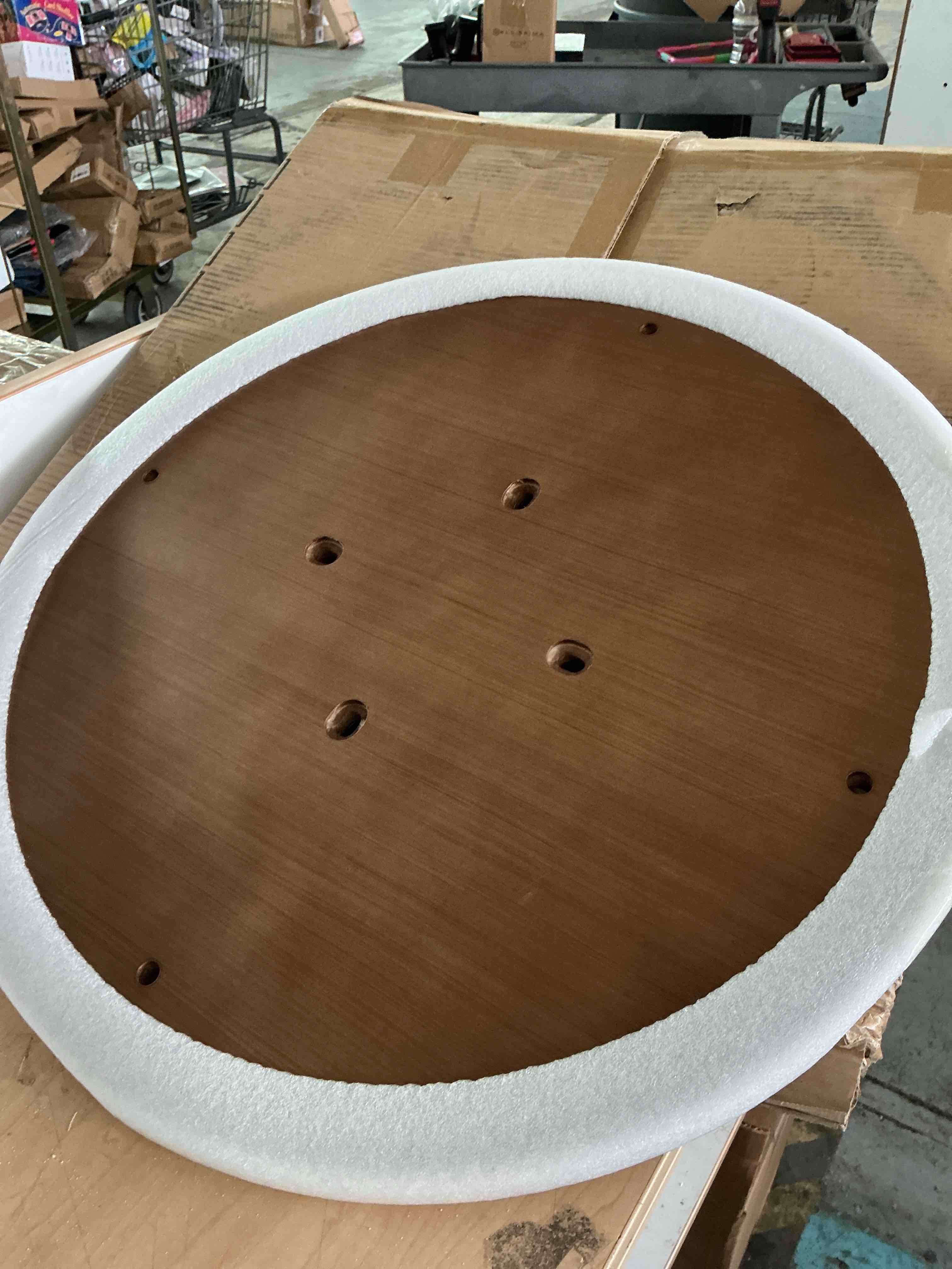 Condition photo showing New/Like New for round table top, reversible walnut/oak, laminated, 30 inch diameter, black vinyl edge, indoor commercial use, 3-4 seating