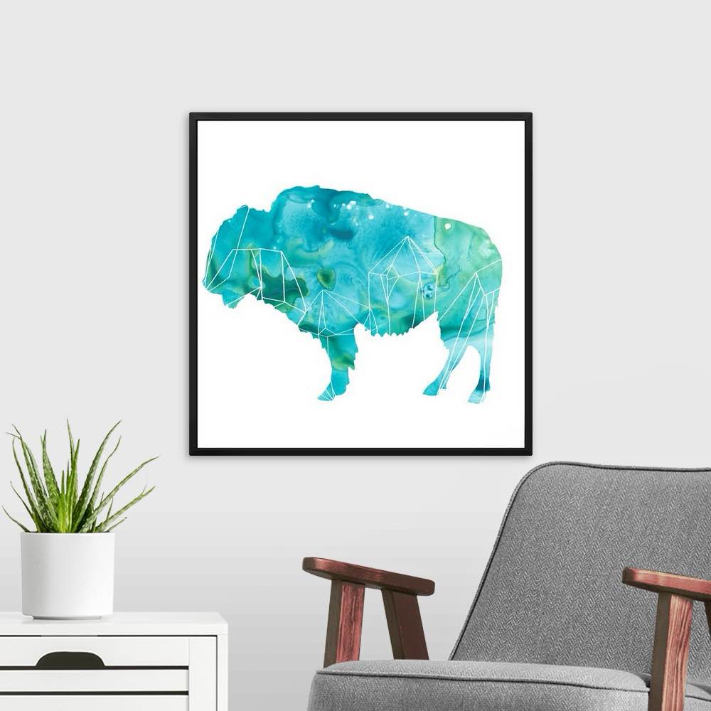 Condition photo showing New/Like New for agate animal iv - item # 2599149 contemporary silhouette of a bison filled with an agate-like pattern in blue and green.