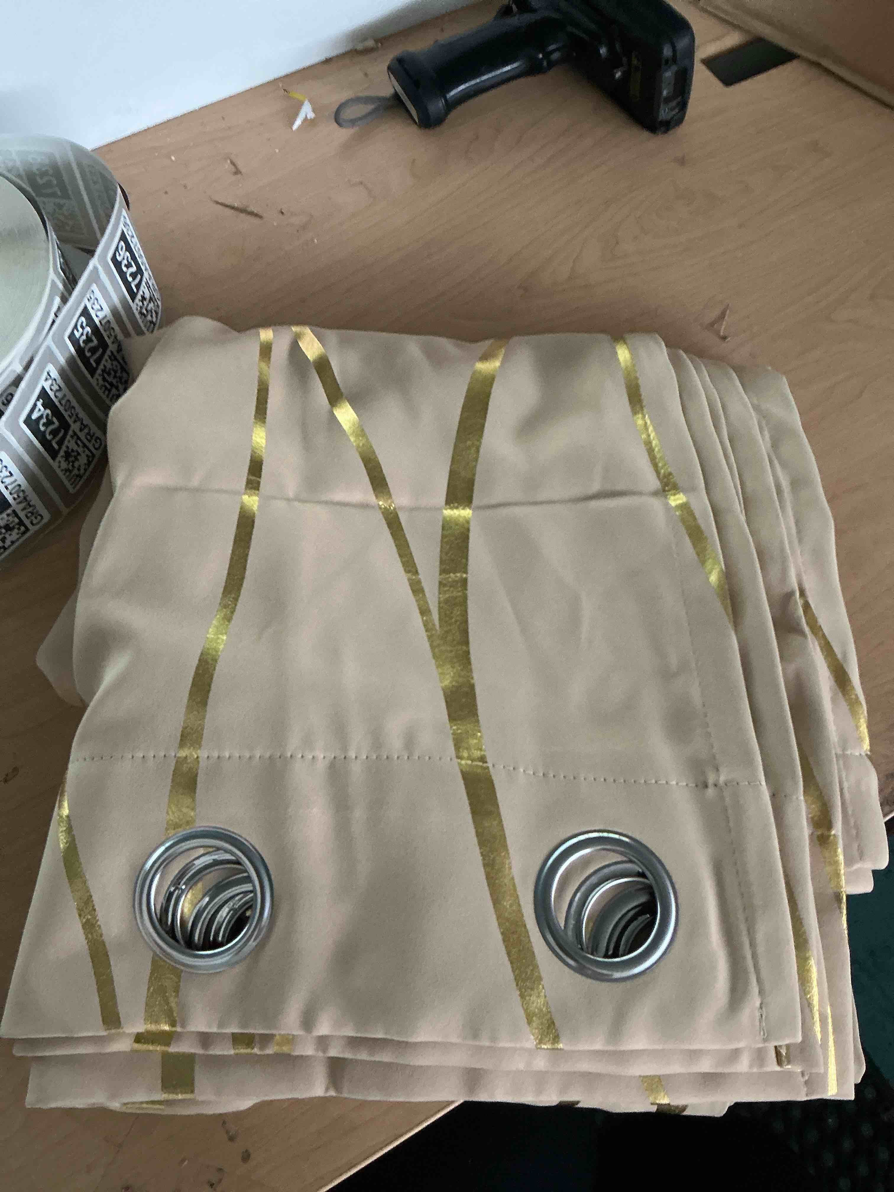 Condition photo showing New/Like New for myru 2 panels set foil print striped curtains for living room bedroom (beige and gold, 2 x 54wx84l) beige and gold 54"w x 84"l (pack of 2)