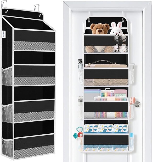 Condition photo showing New/Like New for wiselife over the door organizer storage 4 shelves large capacity hanging bedroom storage solution with 6 side pockets for dorm bathroom pantry nursery and baby essentials holds up to 40 lbs (black)