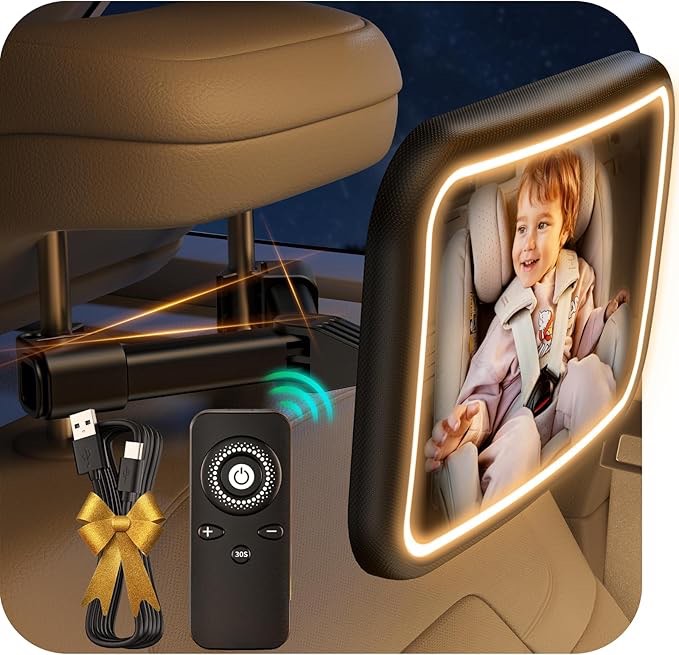 Condition photo showing New/Like New for baby car mirror with light, 7 rgb light rear facing baby car seat mirror with remote control rechargeable 360° rotation hook clip design wide view shatterproof