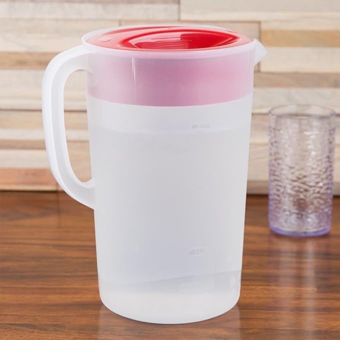 Condition photo showing As Is for rubbermaid pitcher classic 1 gallon clear base, red lid