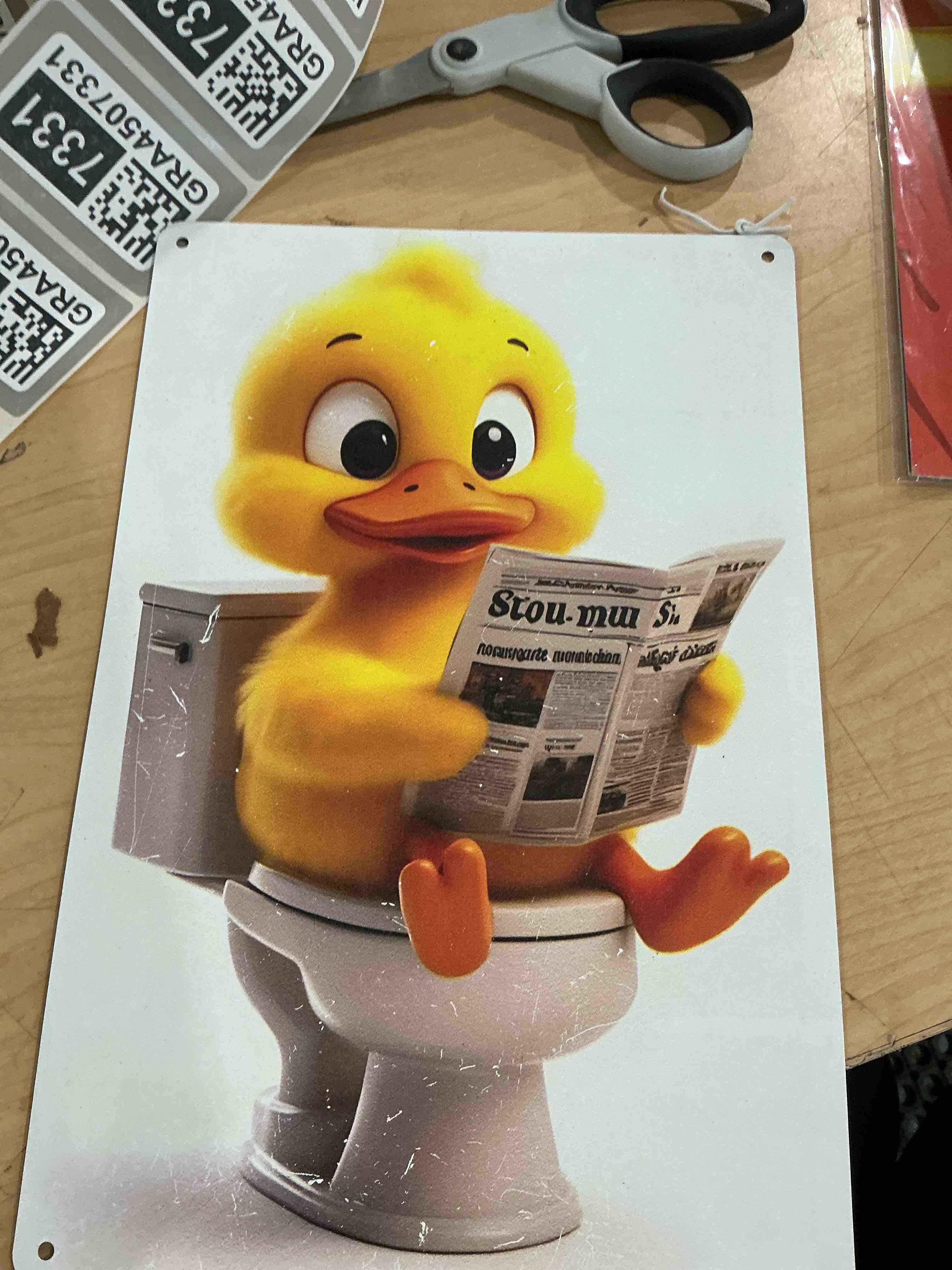 Condition photo showing New/Like New for duck reading newspaper on toilet metal wall art whimsical cute bathroom decor painting pictures funny goose signs posters prints for interior outdoor room hotel resort toilet home decoration 8x12in