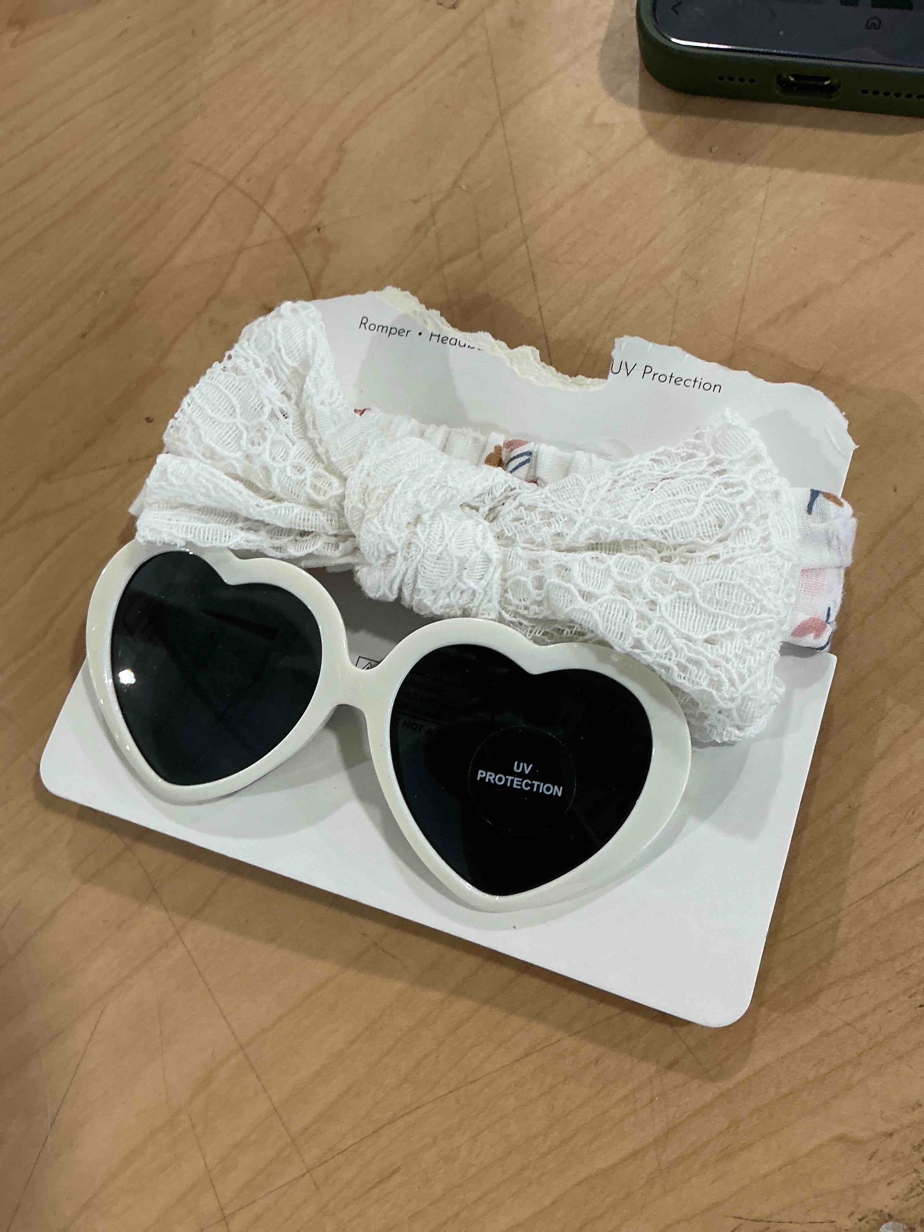 Condition photo showing New/Like New for heart shaped sunglasses featuring uv protection lens with headband for toddlers