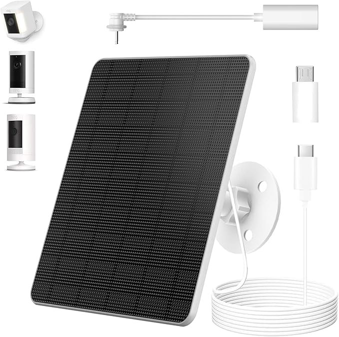5w solar panel for ring camera, compatible with rings spotlight &all-new stick up outdoor cam battery, includes barrel plug to micro usb & usb-c port adapter, 3600mah, ip65 waterproof, 10ft white with 3600mah 1