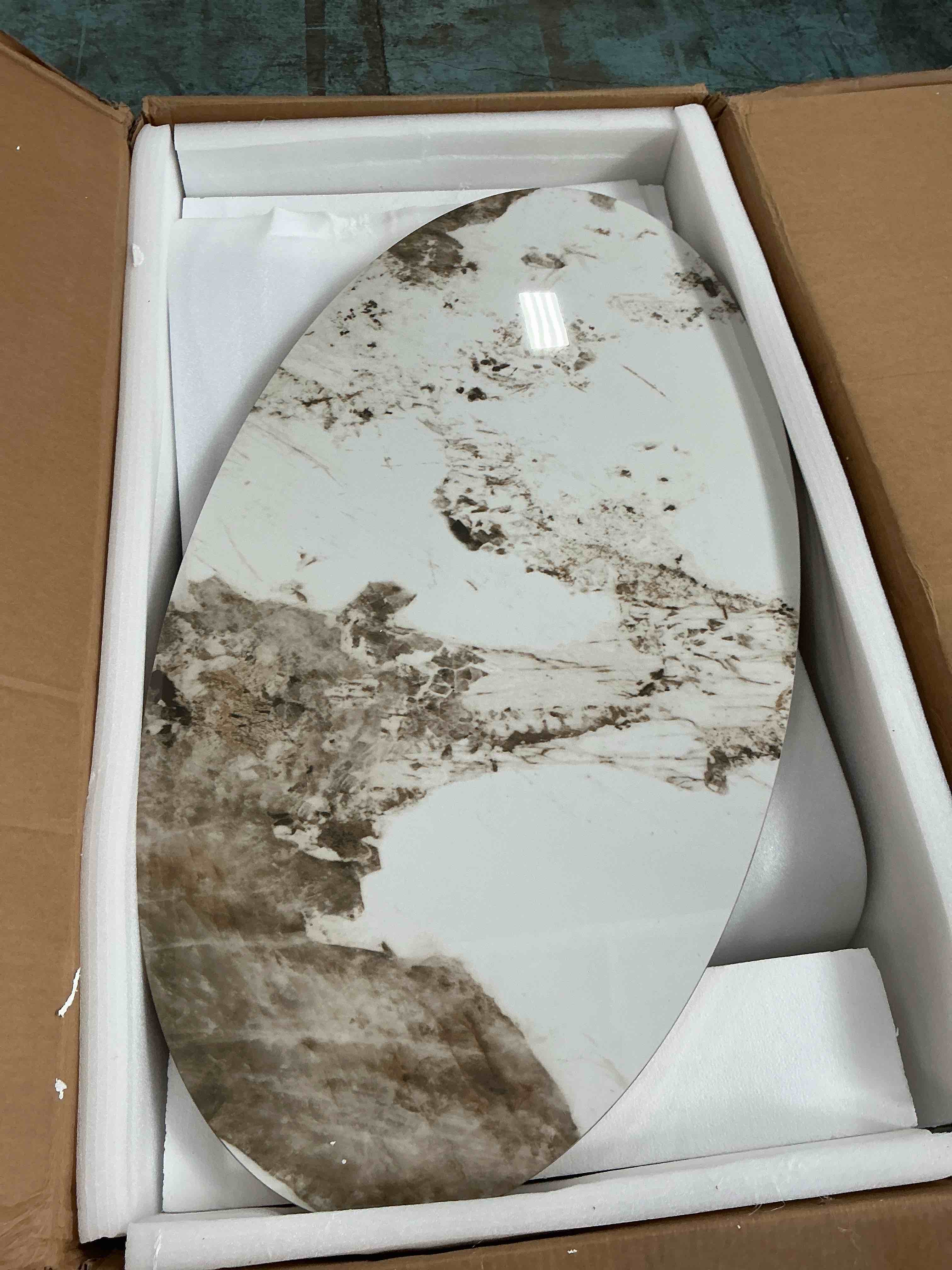 Condition photo showing New/Like New for henf faux marble coffee table for living room, 49 inches oval imitation marble coffee center table with grey silver stainless steel base & white sintered stone tabletop