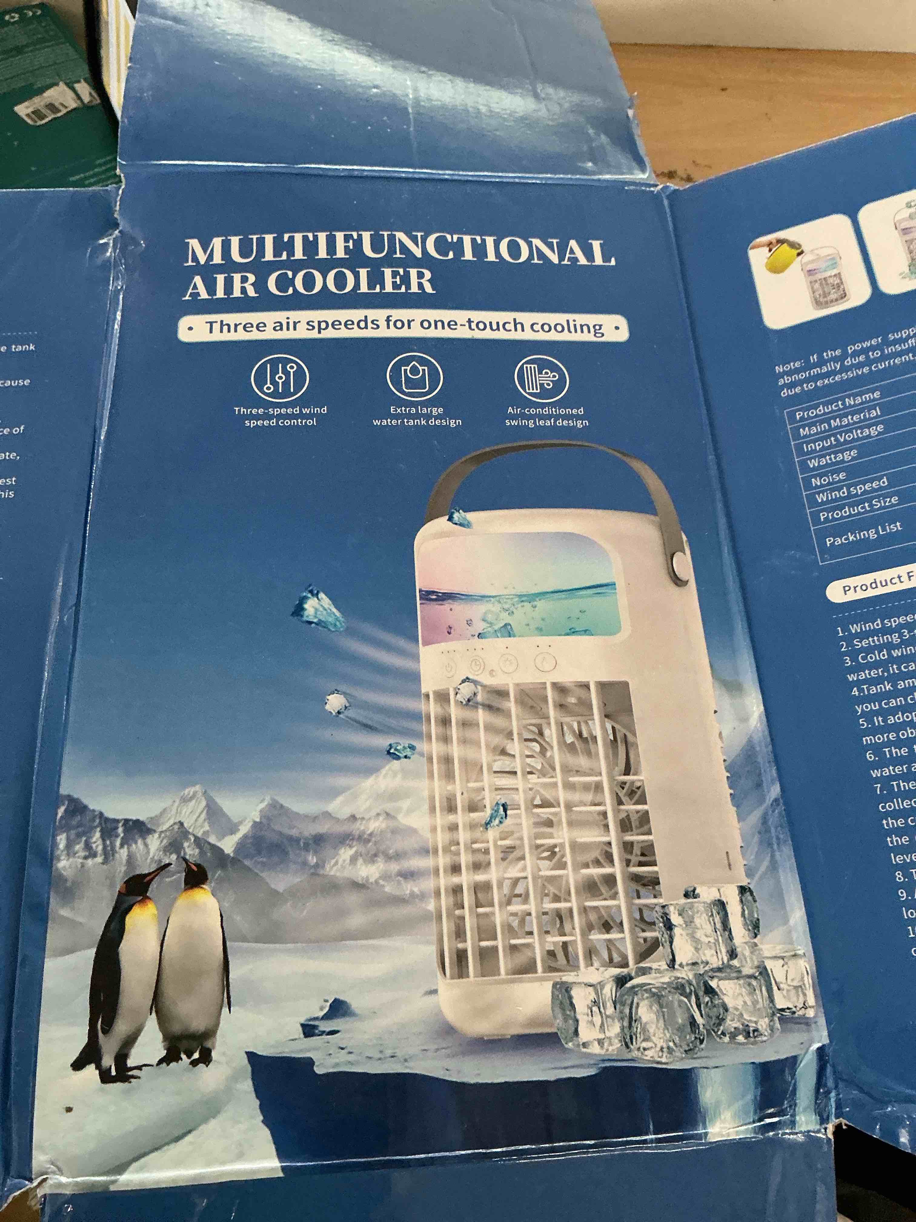 Condition photo showing As Is for portable air conditioner, 2026 upgraded 4-in-1 portable ice fan with 3 cooling speeds & 1500ml water tank, 2 cool mist ultra-quiet desktop ac fan no remote nor cord