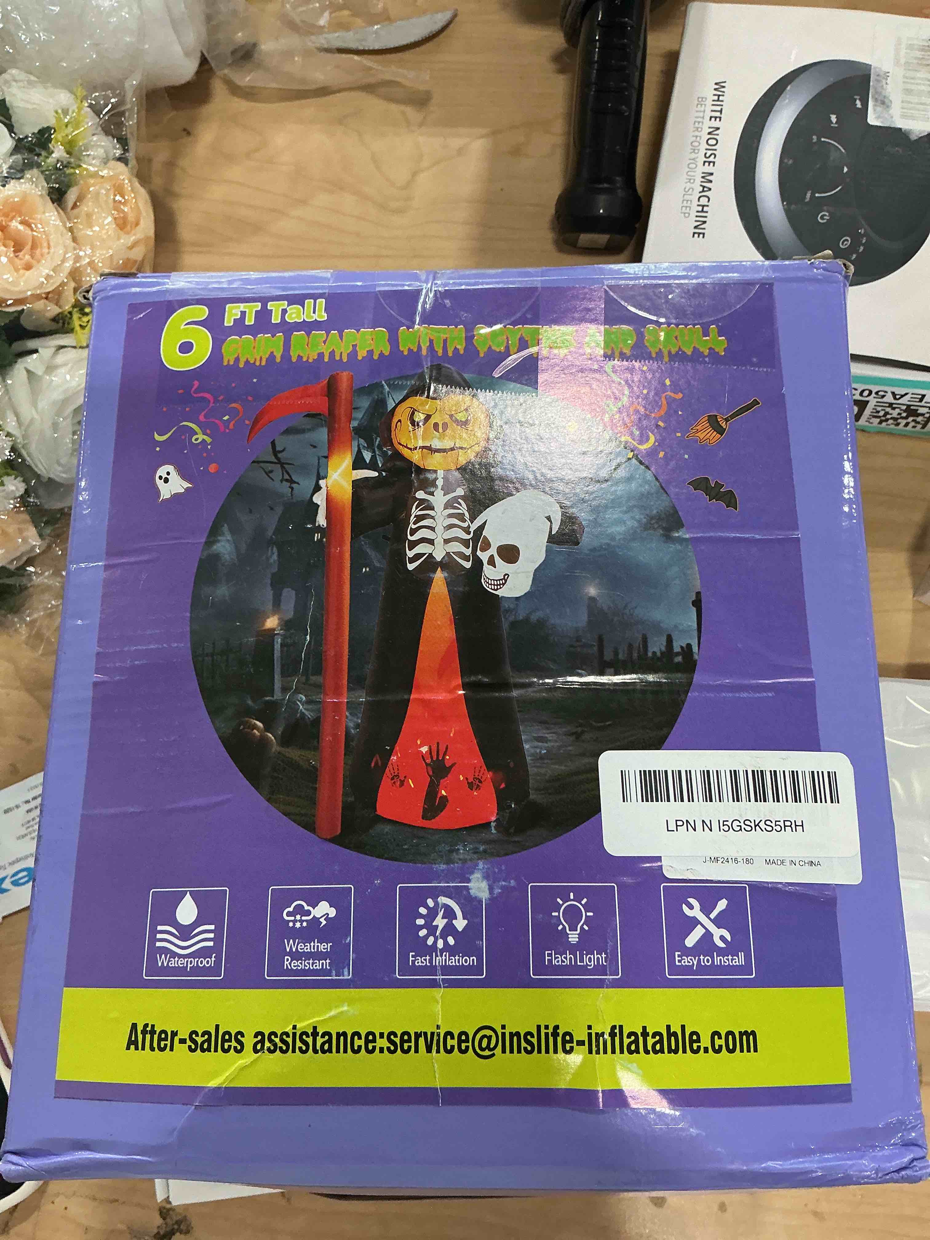 Condition photo showing New/Like New for 6ft halloween inflatable reaper holding sickle and skull decoration, blow up halloween ghost inflatable built-in 5 led and 1 red fire flashing led for halloween inflatables outdoor decoration 6ft spooky reaper