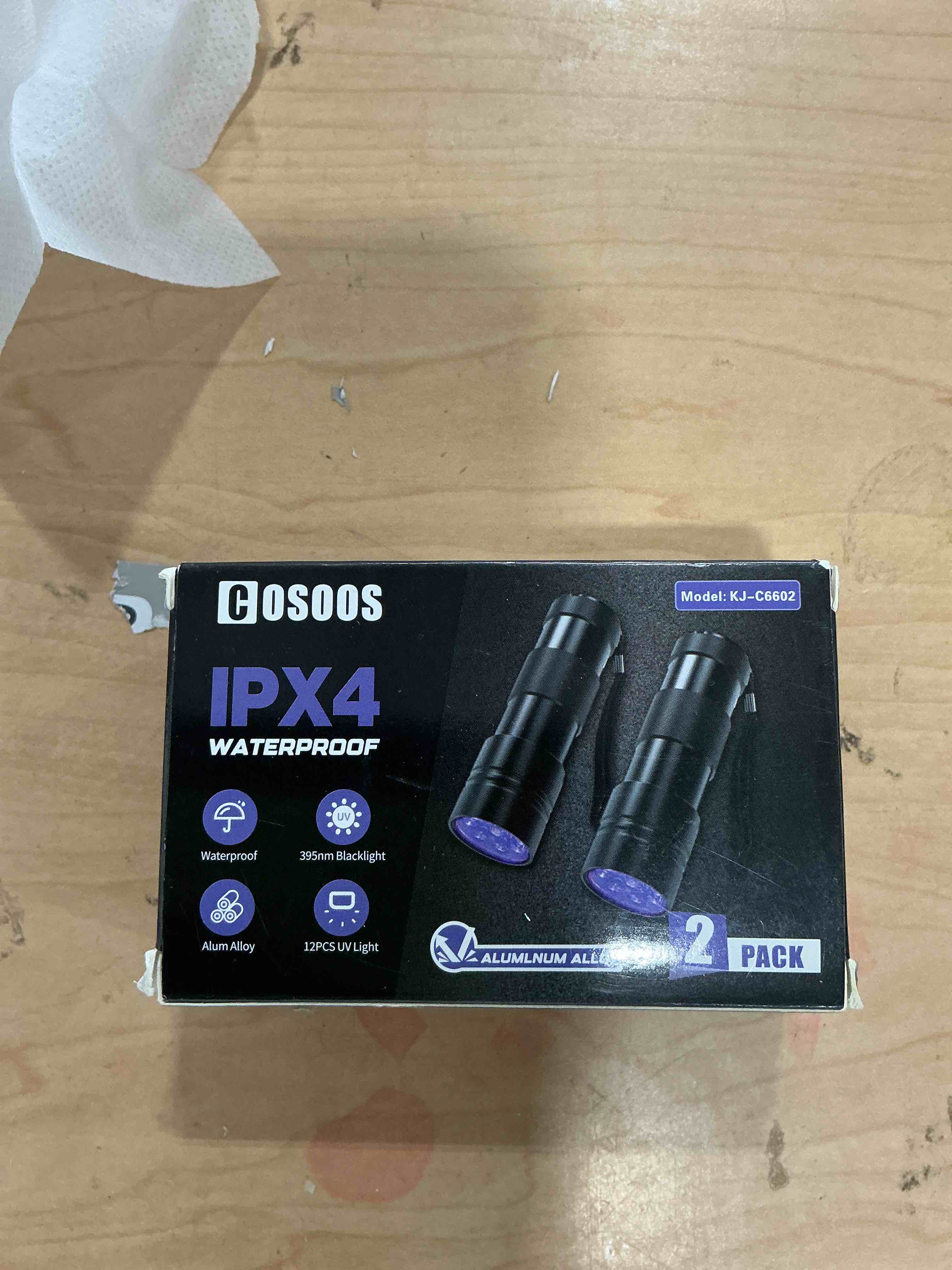 Condition photo showing New/Like New for cosoos 2 pack uv flashlight, 12 led handheld blacklight flashlight 395nm mini light torch detector for dog pet urine stains, bed bugs and scorpions. (batteries not included) black 2 pack
