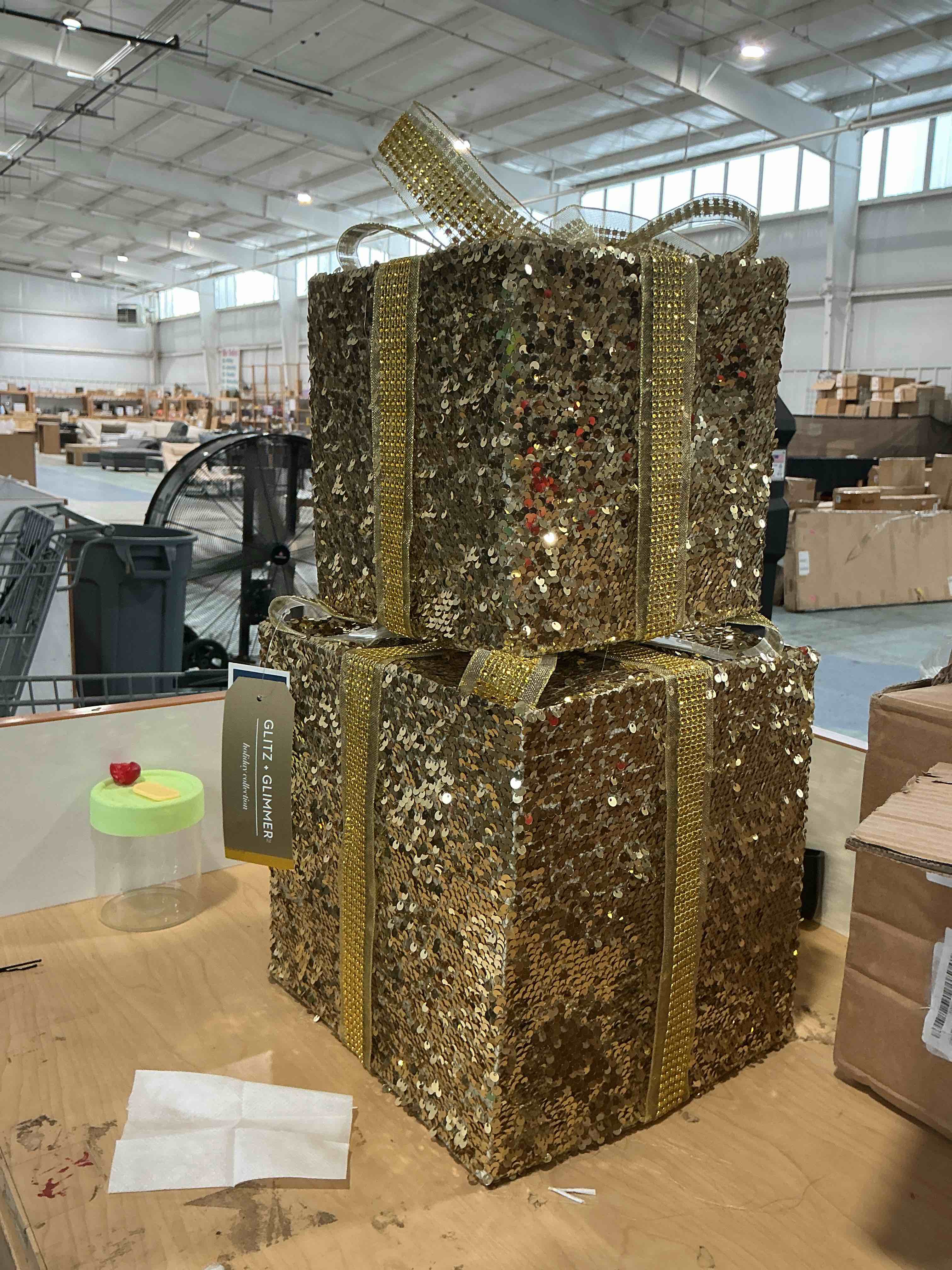 Condition photo showing Good Condition for set of 2 christmas gift boxes, gold sequence, christmas decorations for indoor home, housen solutions(not the exact item but similar)