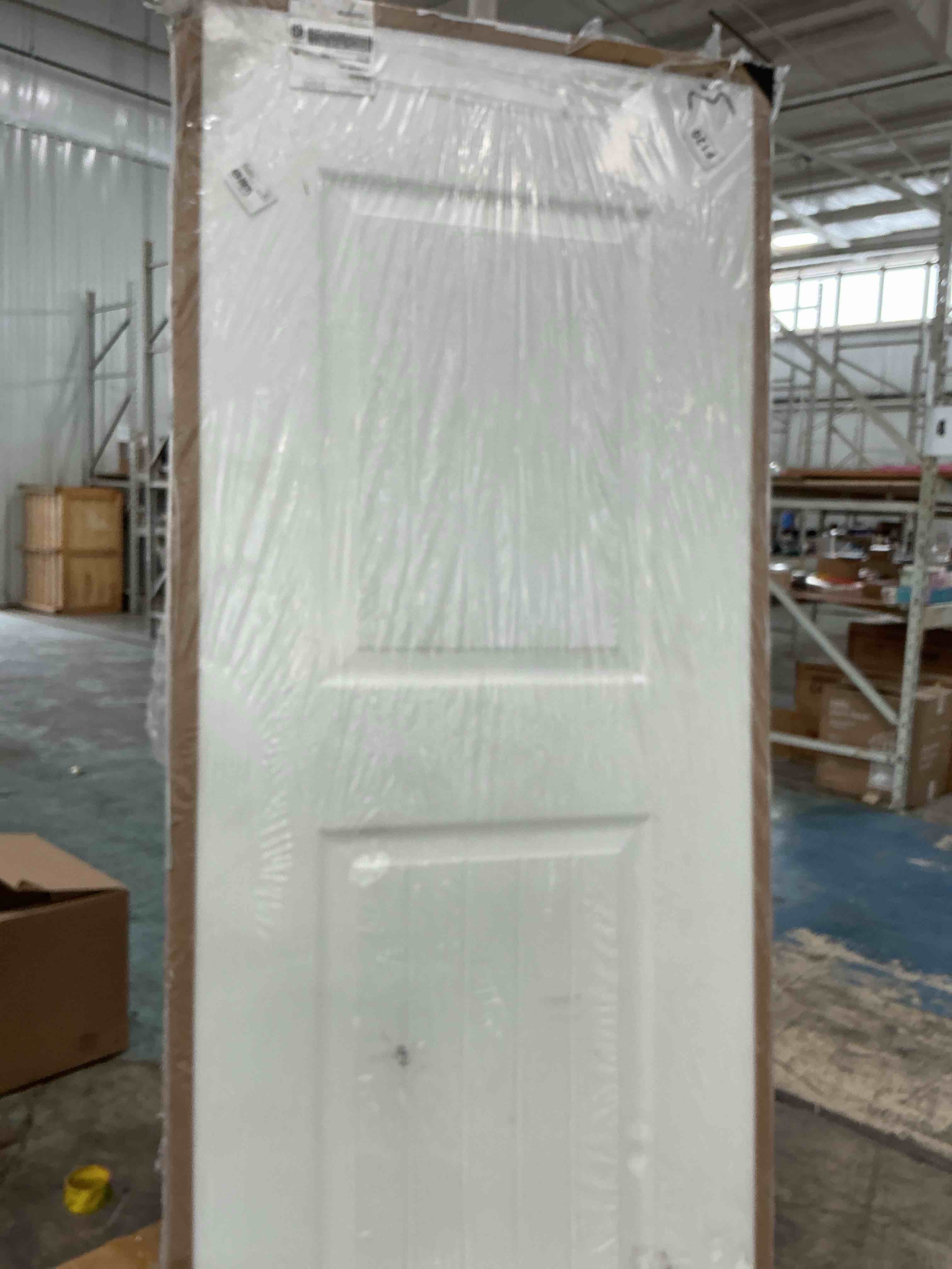Condition photo showing As Is for jubest 36"x80" right-hand prehung interior door with knock down jamb kit & matte black hinges, 1-panel white primed hollow core molded door slab with bore & hinge cutout, durable & sturdy, no handle