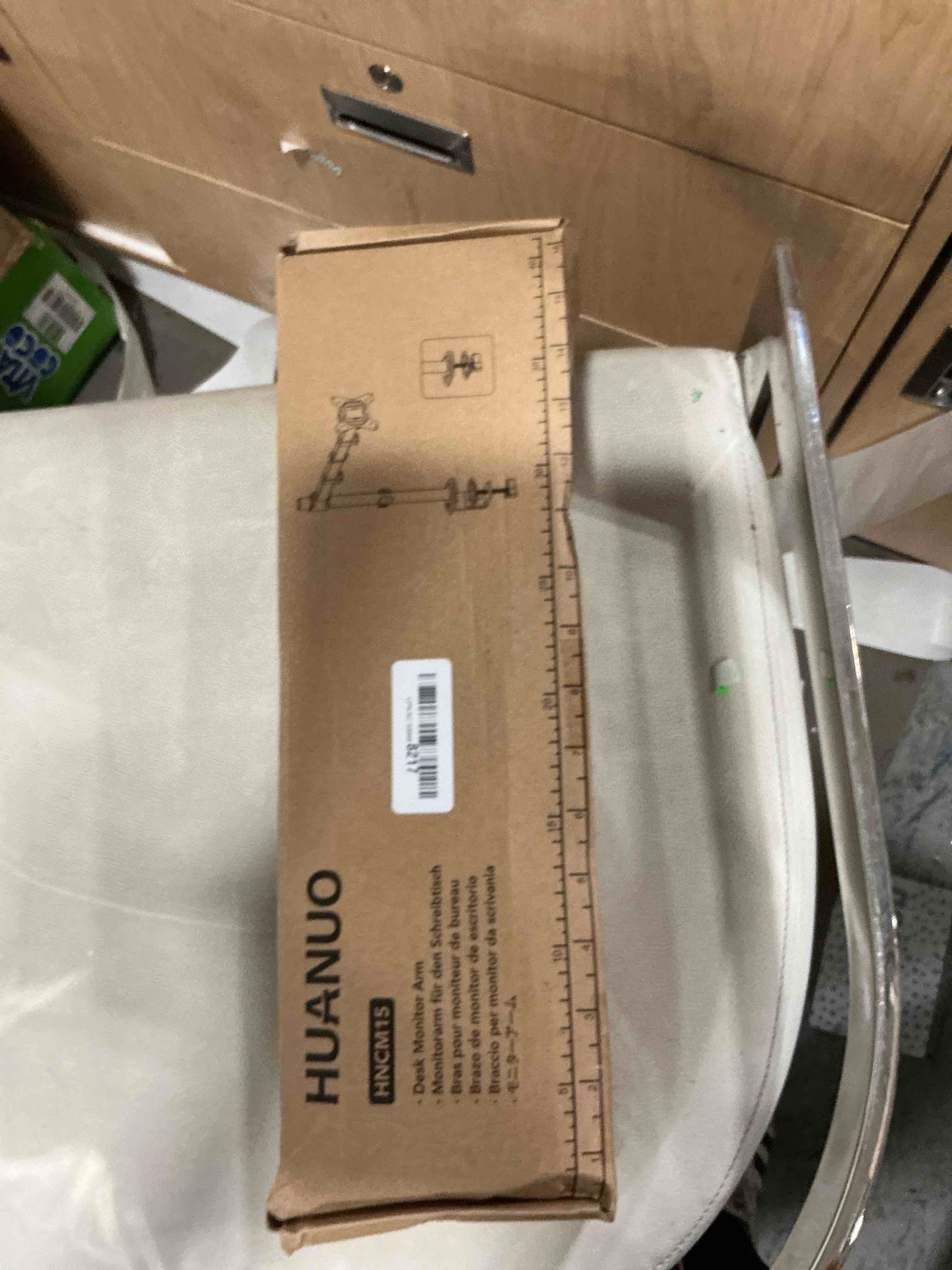 Condition photo showing New/Like New for huanuo single monitor mount, monitor arm for 13”-32” monitors up to 17.6 lbs, adjustable stand with 16” max height, desk mount with c-clamp and grommet base, vesa 75x75mm or 100x100mm
