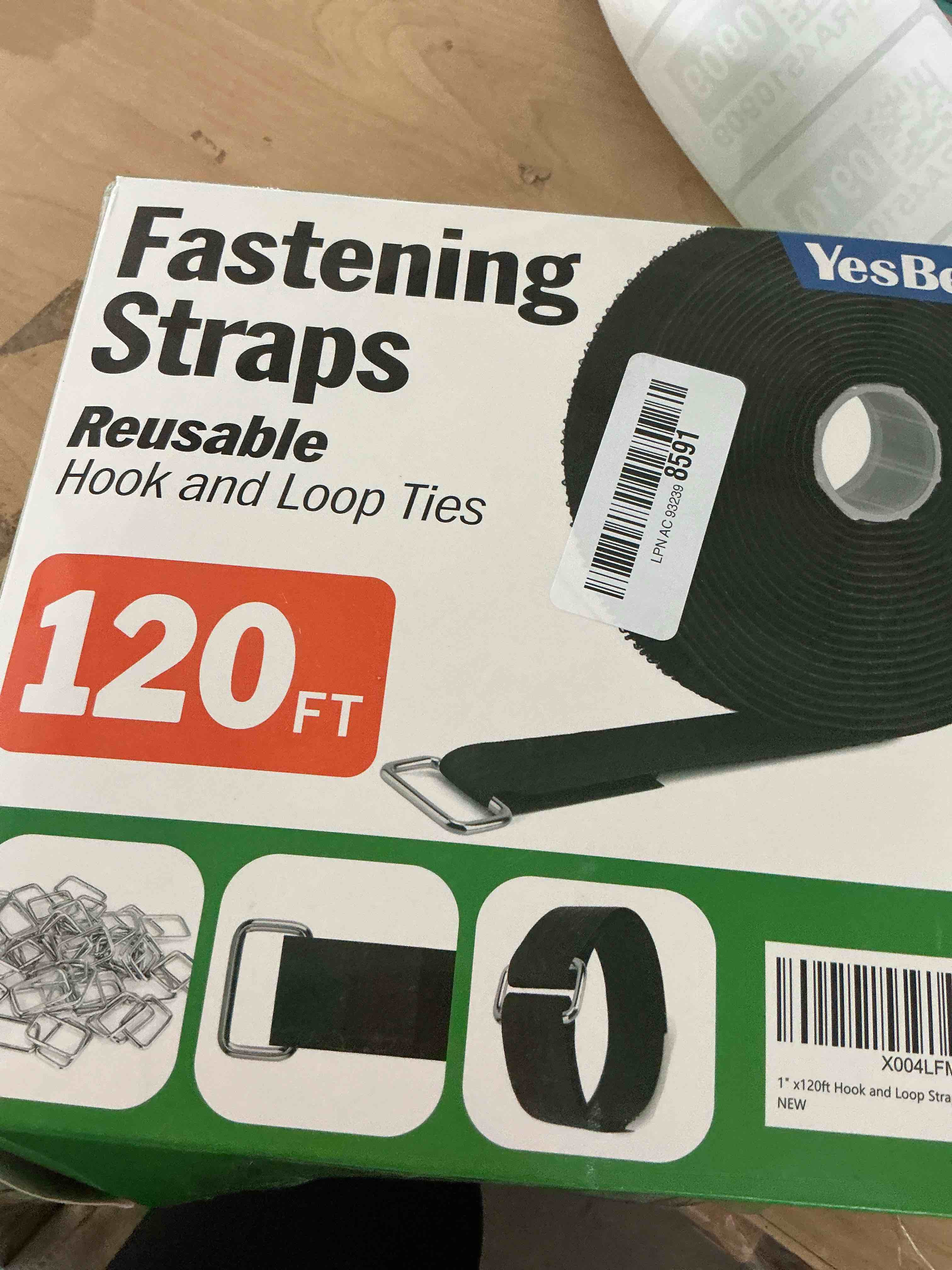 Condition photo showing New/Like New for 1" x64ft hook and loop straps with metal buckles, molle cable straps, adjustable fastening cinch strap, reusable nylon securing cord ties, 1 inch wide, black with 70 buckles