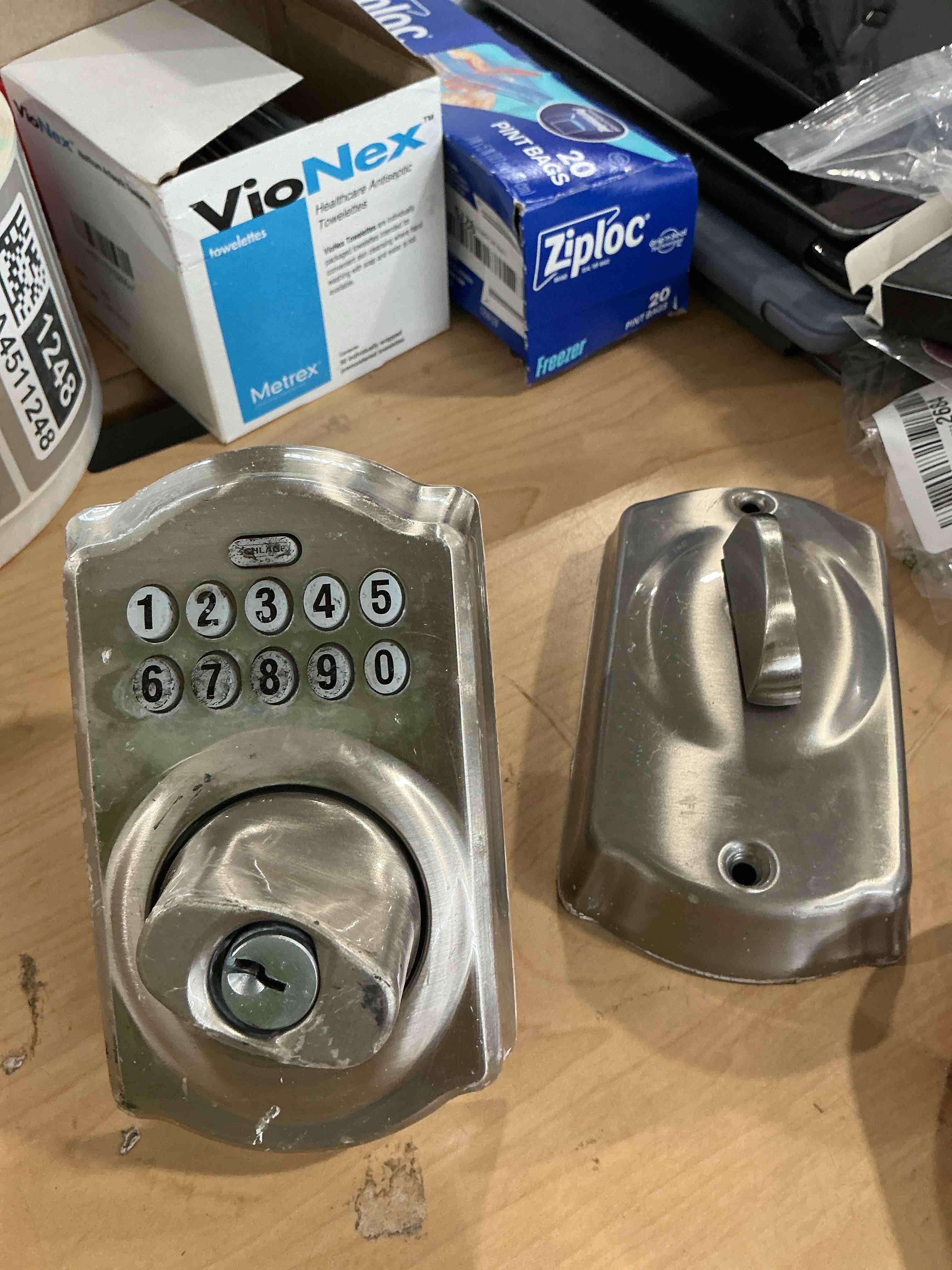 Condition photo showing As Is for schlage camelot electronic keypad deadbolt lock, keyless front door entry, mechanical key backup included, satin nickel, be365 v cam 619 satin nickel camelot
