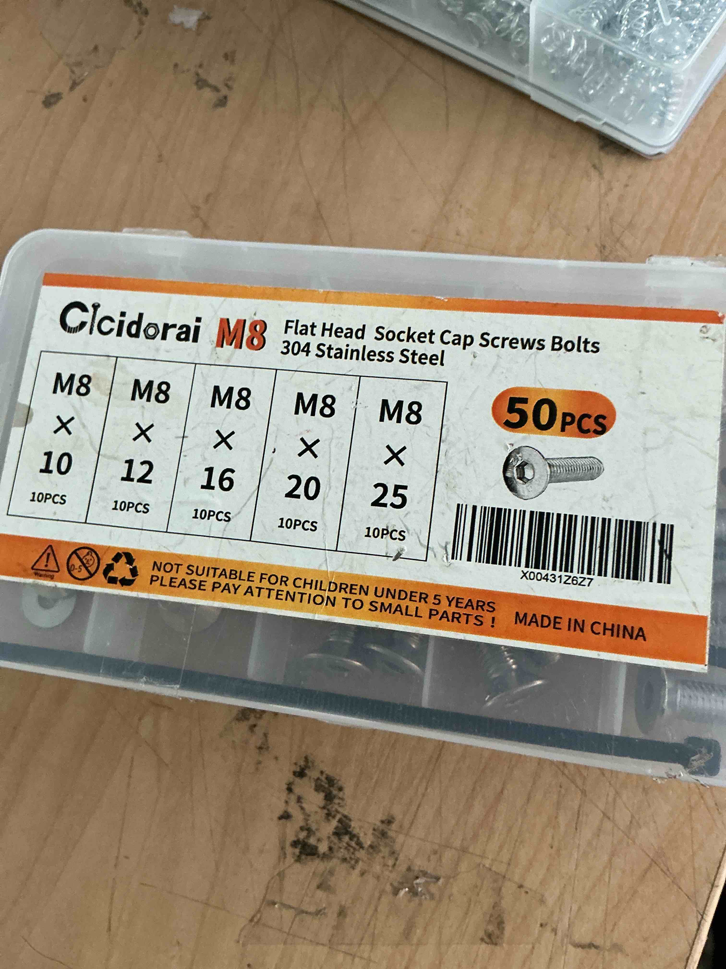 Condition photo showing New/Like New for m8 x 12mm 16mm 18mm 20mm 25mm flat head hex socket cap screws countersunk bolts, stainless steel 304, metric allen drive, bright finish, fully threaded, assortment kit 50pcs