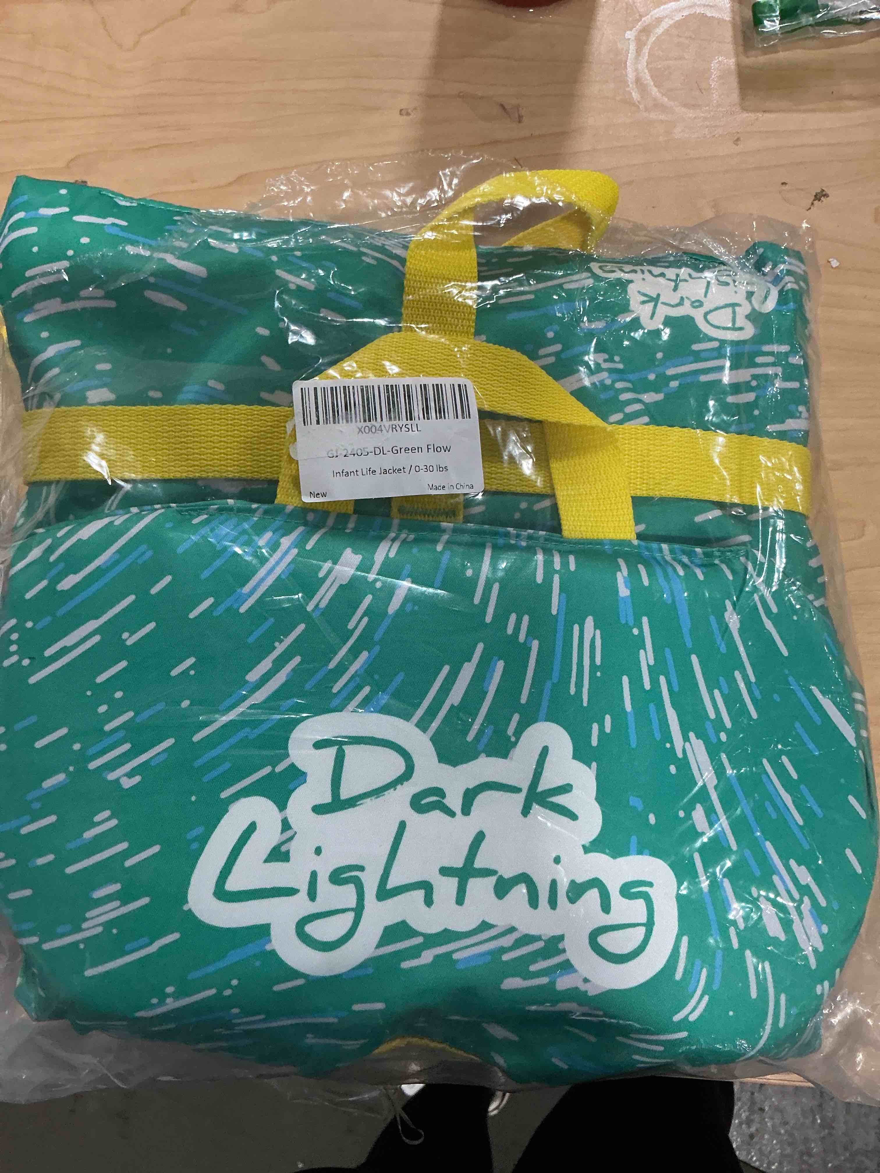 Condition photo showing New/Like New for dark lightning uscg approved infant life jacket 0-30 lbs, toddler swim vest and baby life vest for 1-3 years, 20-30 lbs, headrest, leg strap and grab handle infant vest (0-30lbs) - green