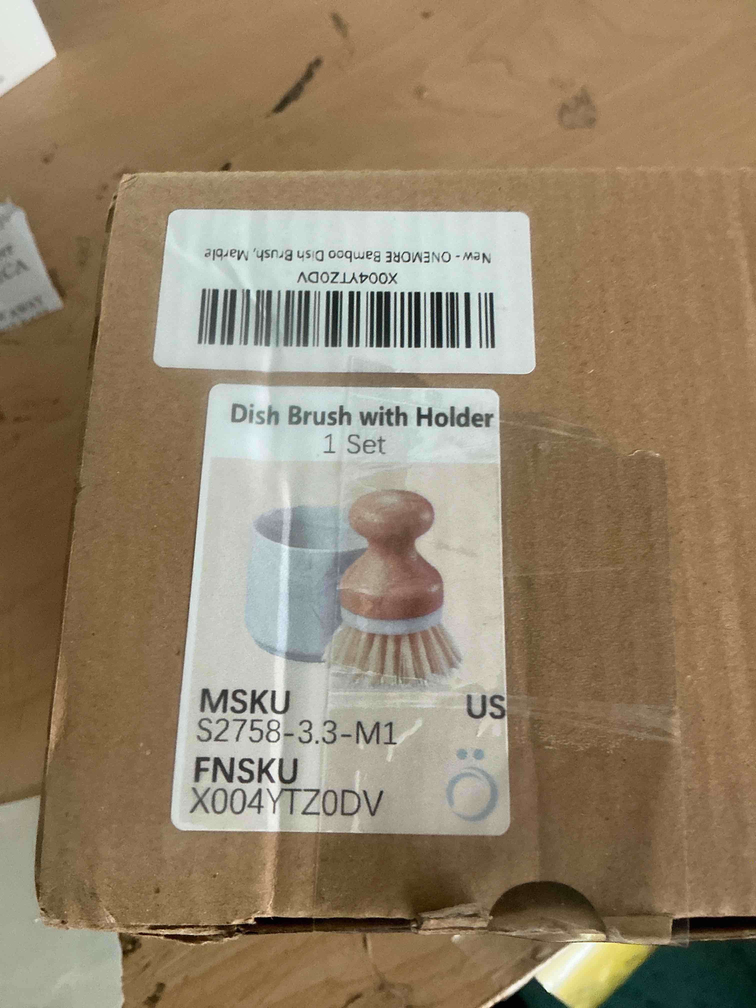 Condition photo showing Good Condition for onemore bamboo dish brush with ceramic foaming base, kitchen sink scrub brush set with spring and mesh insert, wooden handle dishwashing brush for pots pans plates bowls, marble