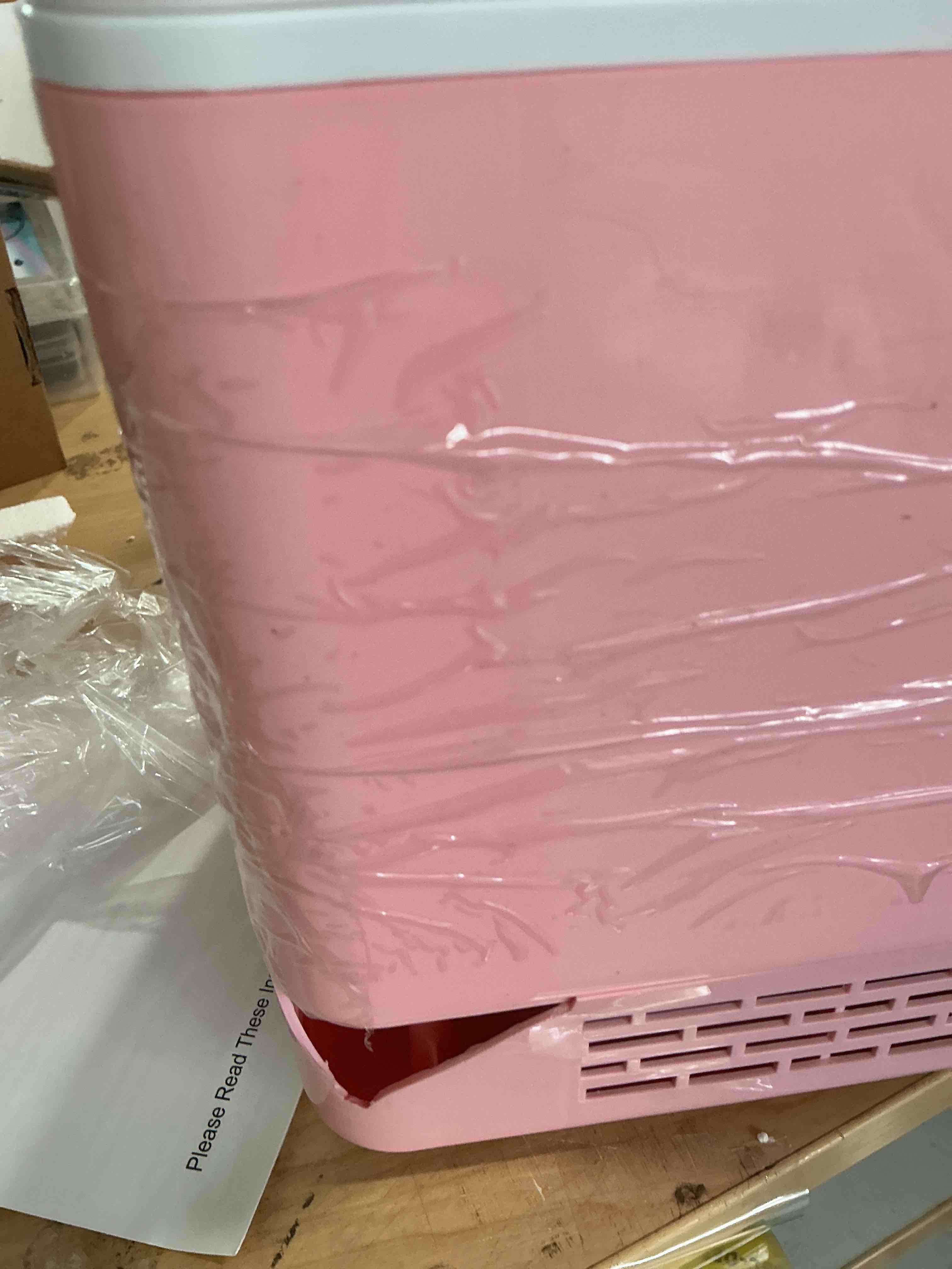 Condition photo showing Good Condition for bogda mini skincare fridge (4 liter/6 can) with dimmable led light mirror, cooler and warmer for refrigerating make up, skin care and food, portable mini fridge for bedroom, office and car, pink has a small chip